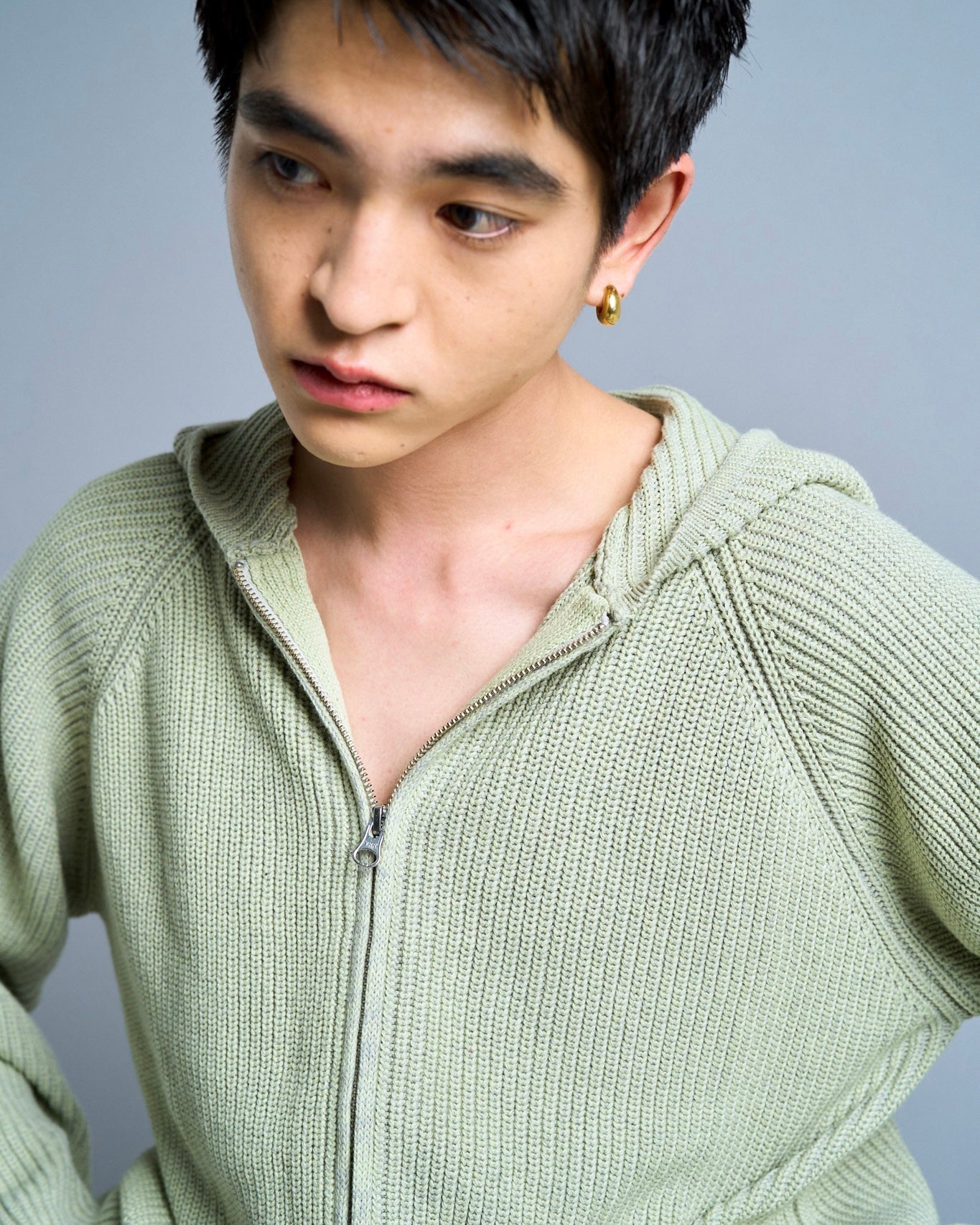 double zip mix yarn knit hoodie