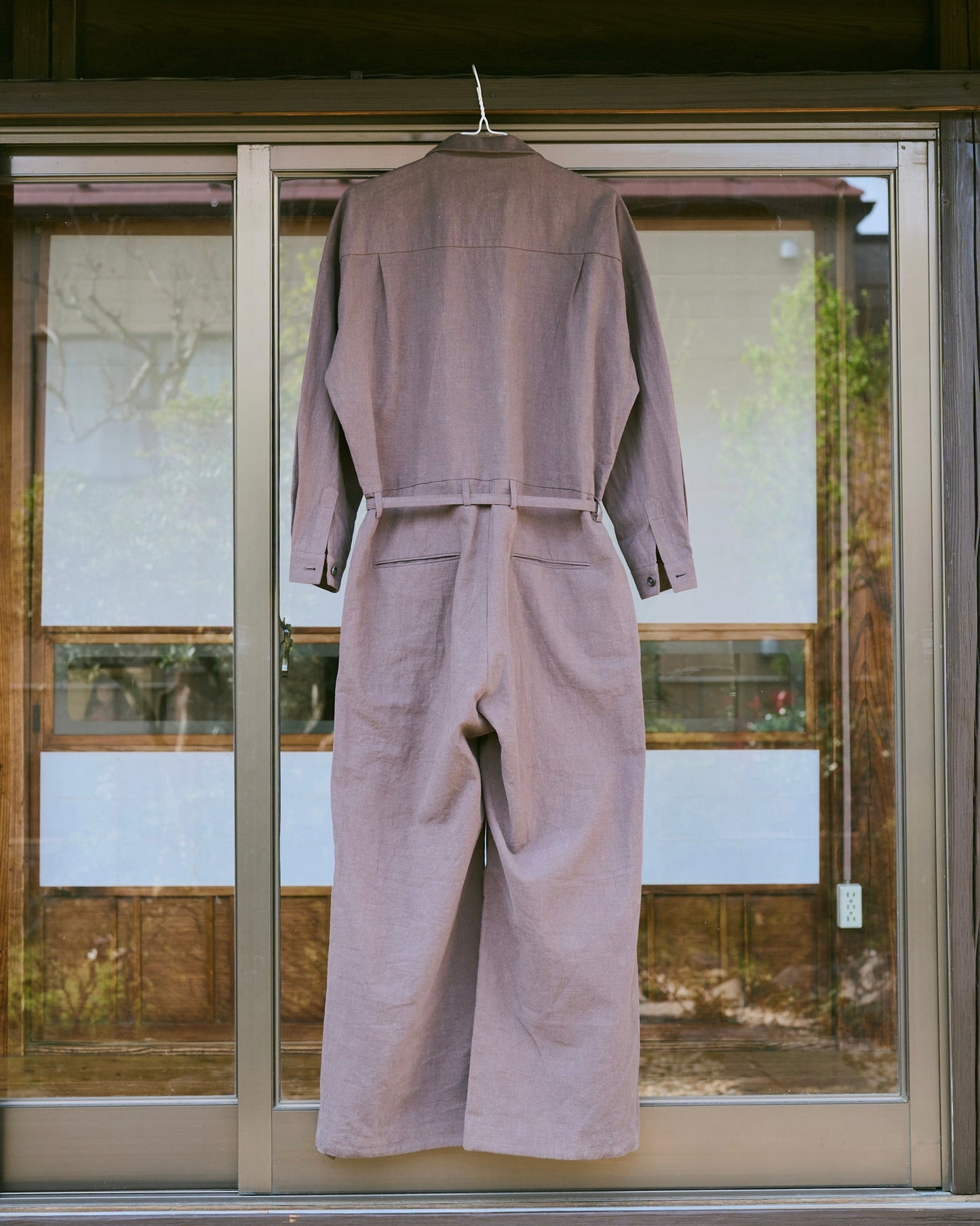 open collar cotton linen belted l/s jump suit