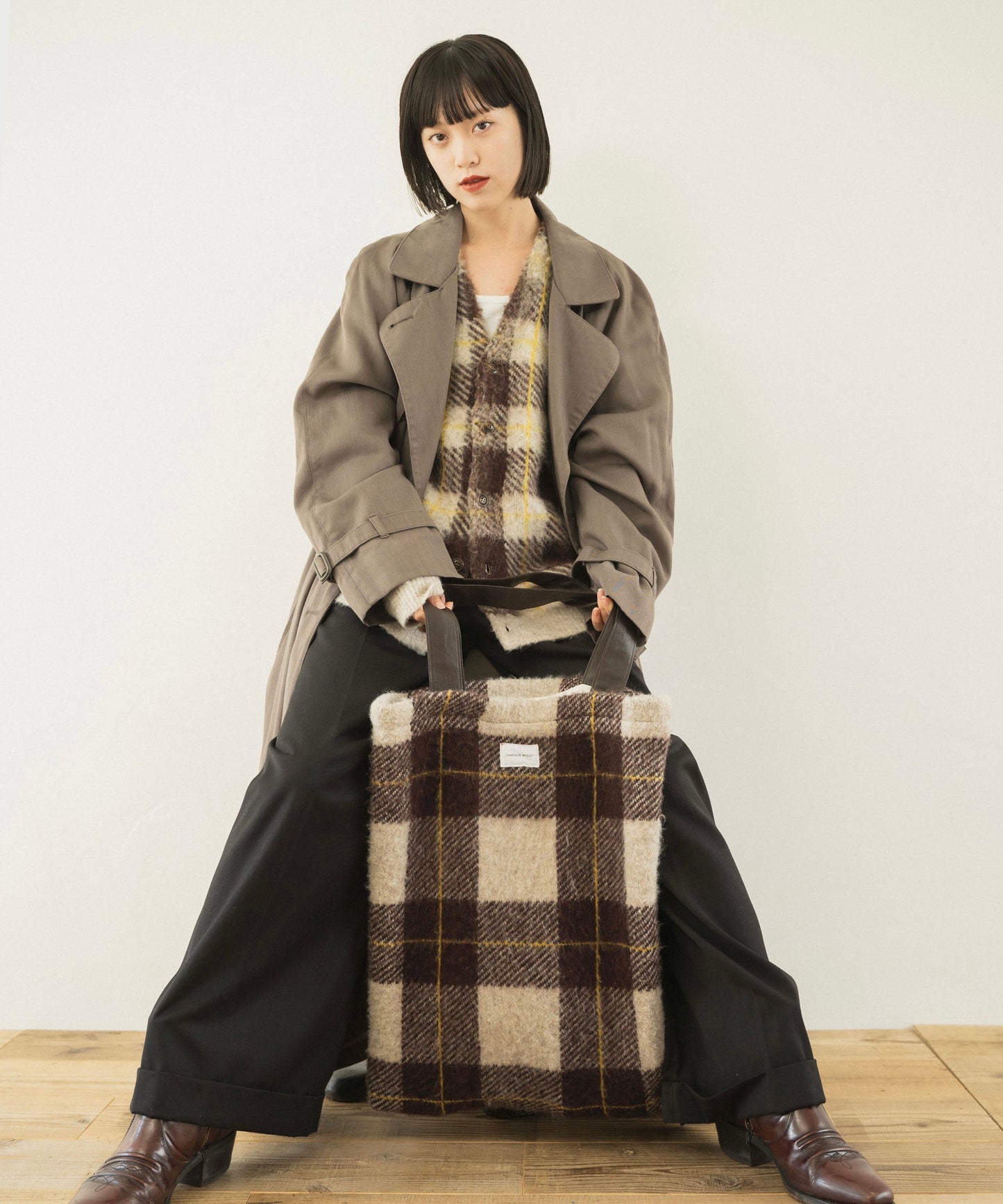 mohair mix check big tote bag