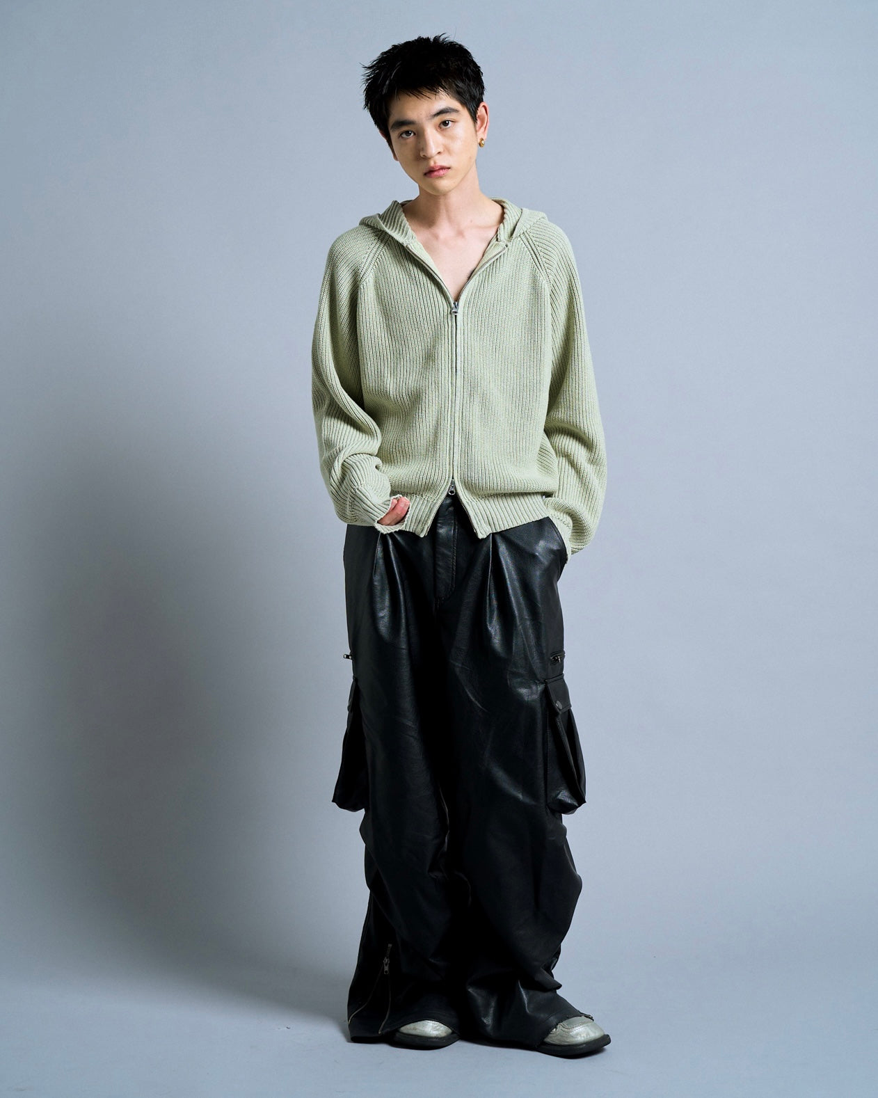 double zip mix yarn knit hoodie