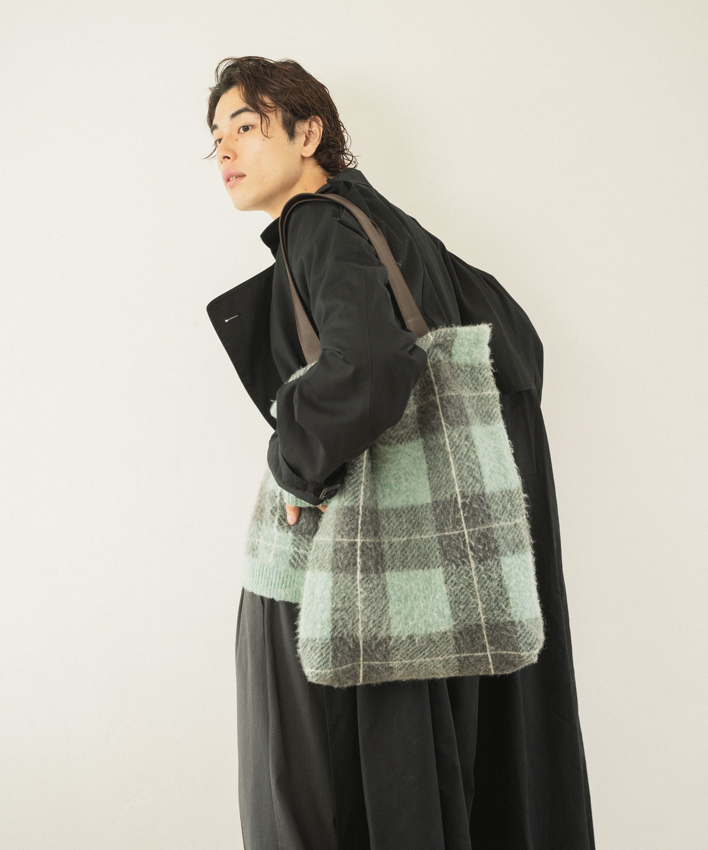mohair mix check big tote bag