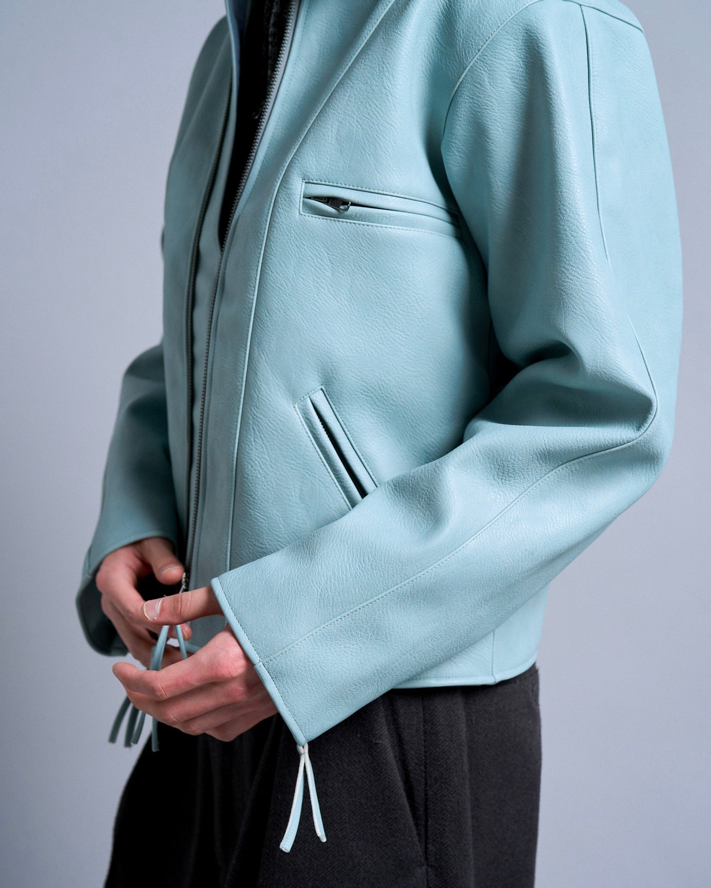 short length zipped PU-leather sport jacket