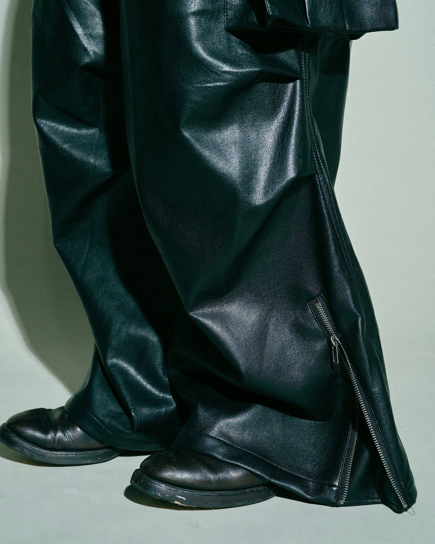 wide baggy faux leather parachute cargo trouser