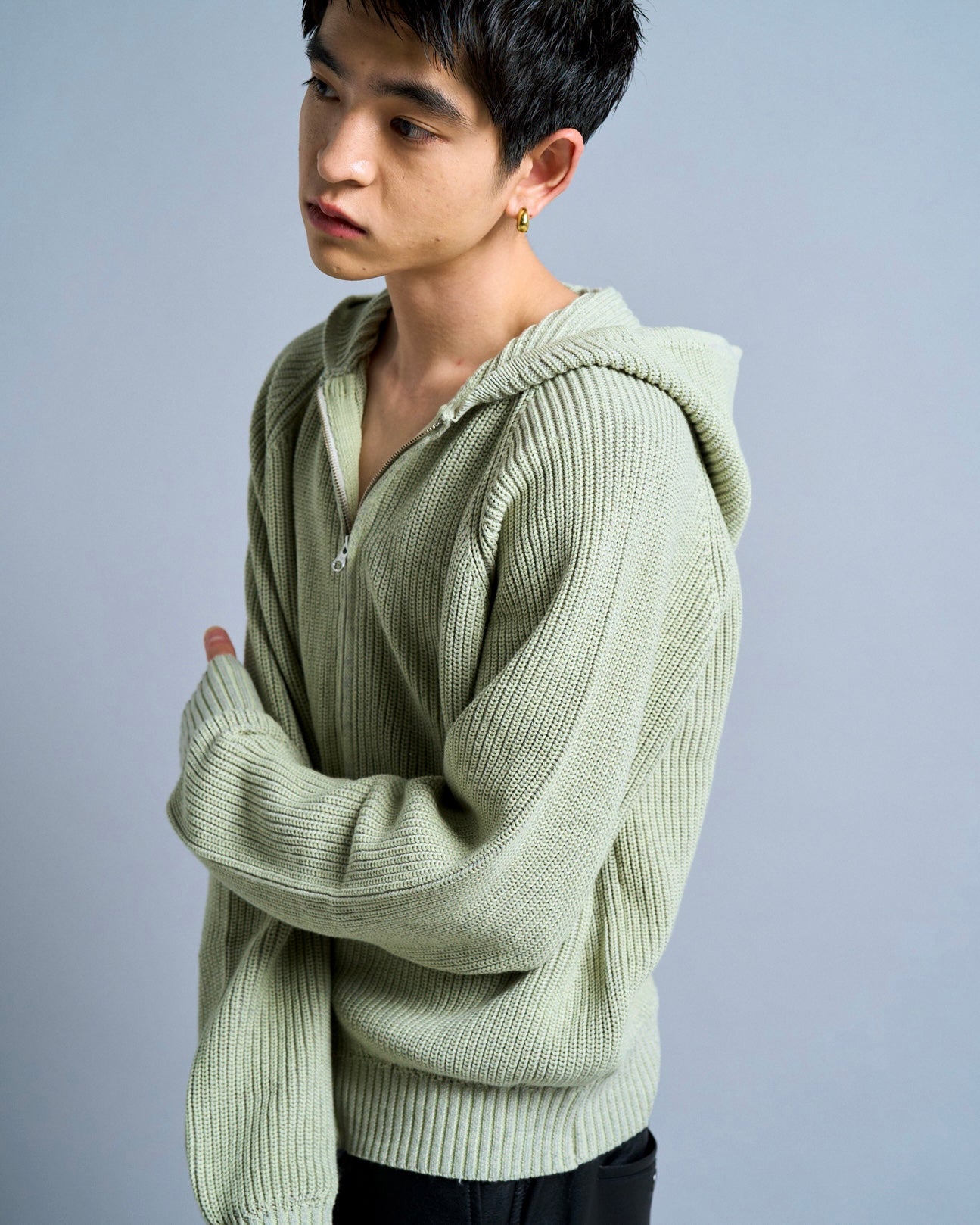 double zip mix yarn knit hoodie