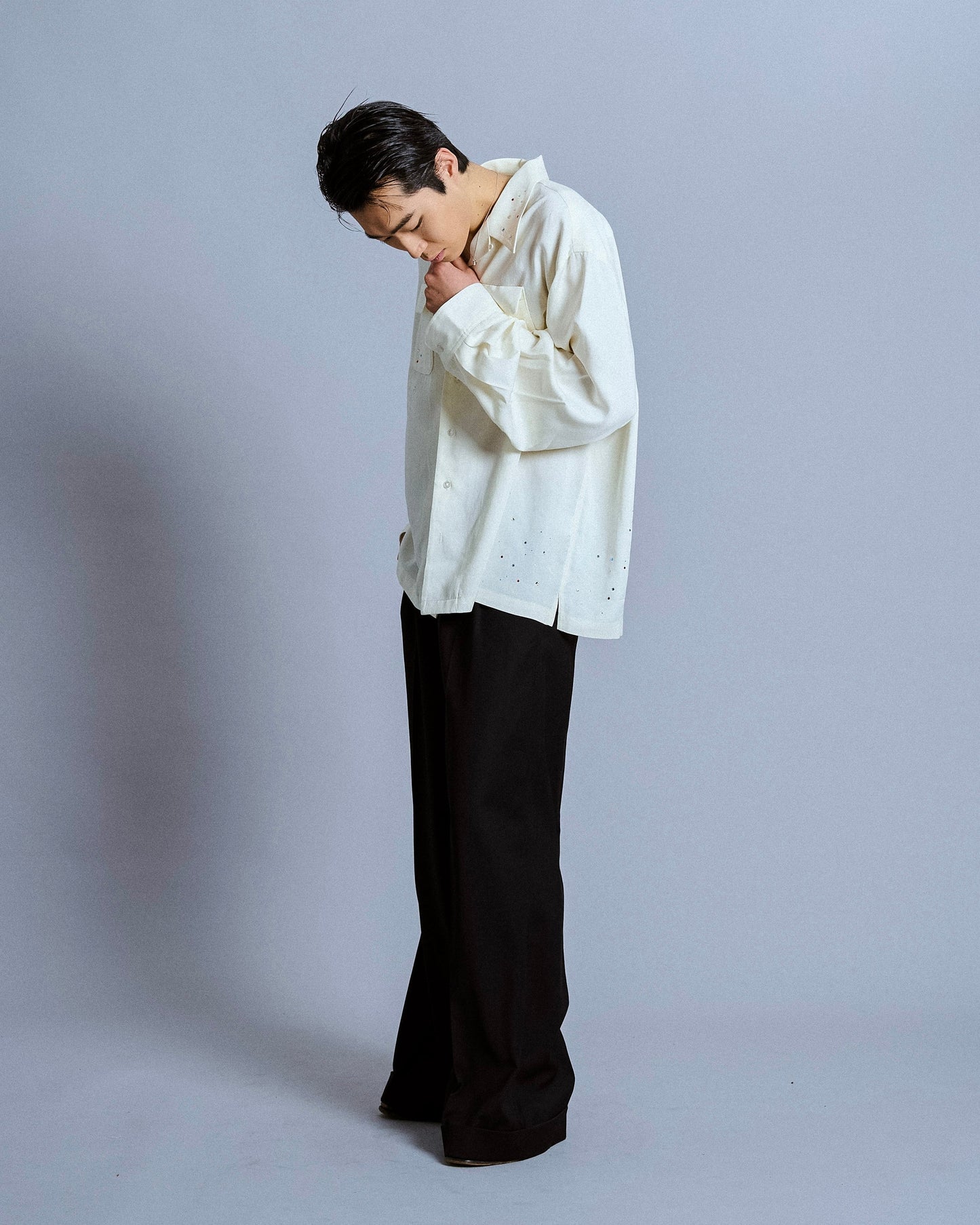 rhinestone rayon open collar l/s shirt