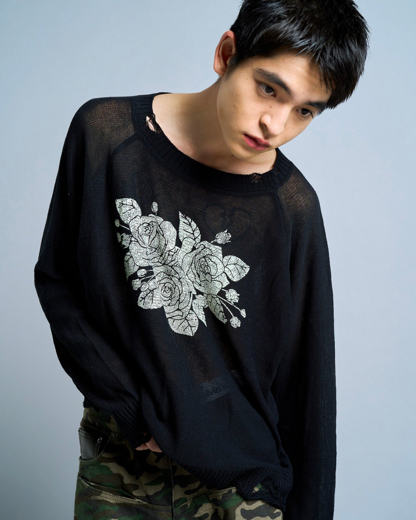 flower paint broken long sleeve sheer sweater