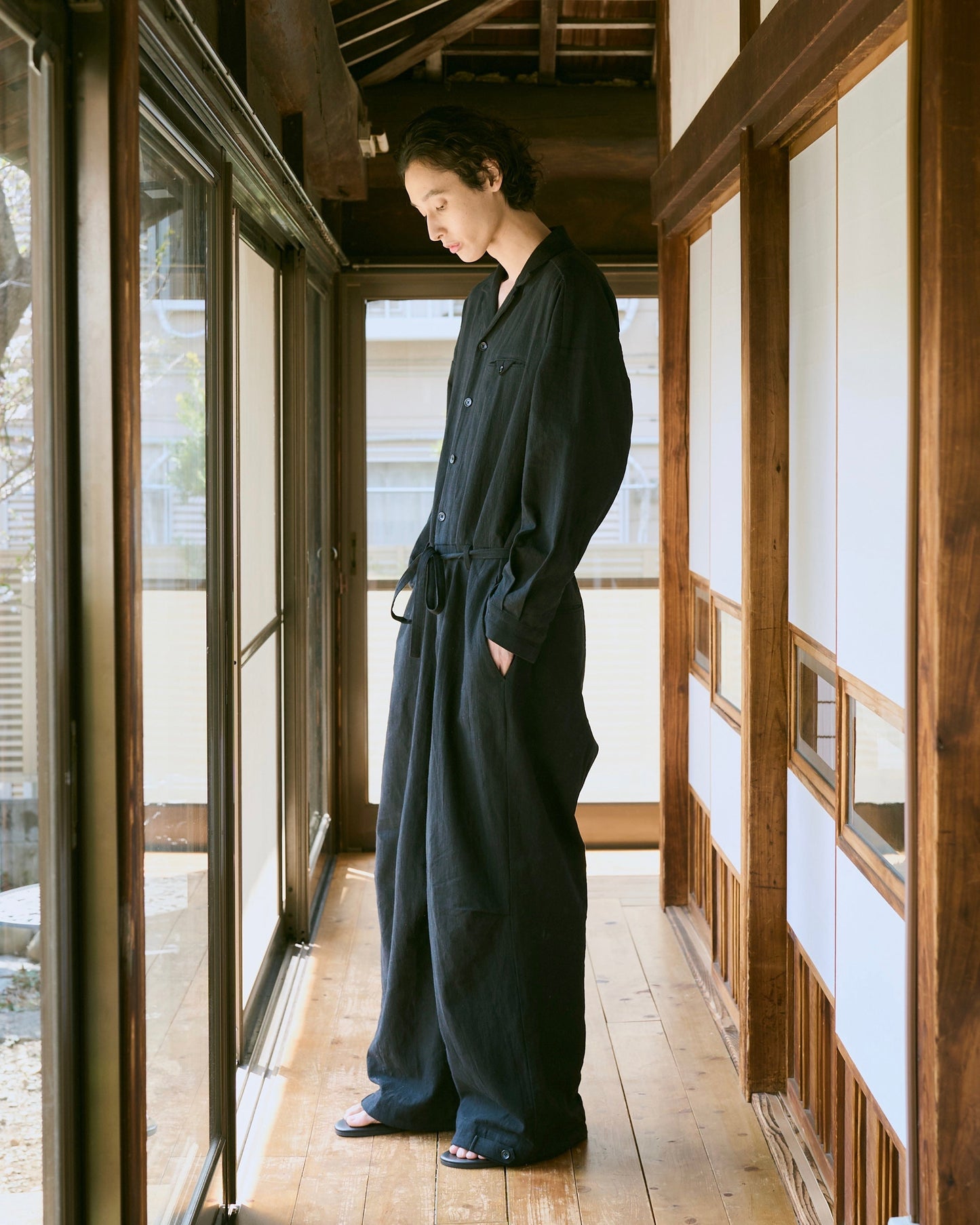 open collar cotton linen belted l/s jump suit