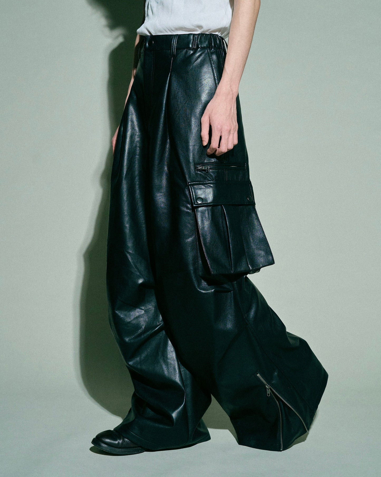 wide baggy faux leather parachute cargo trouser