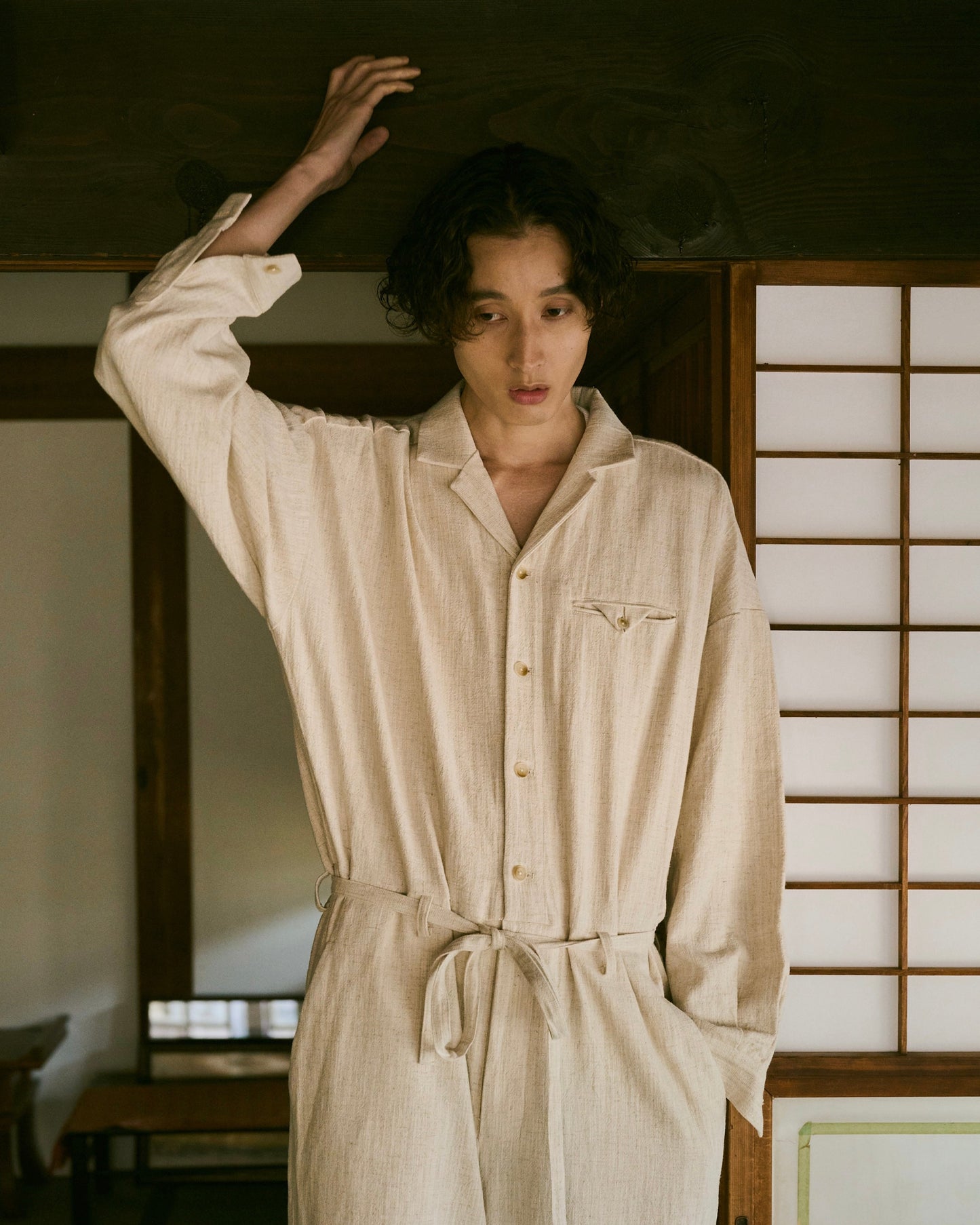 open collar cotton linen belted l/s jump suit