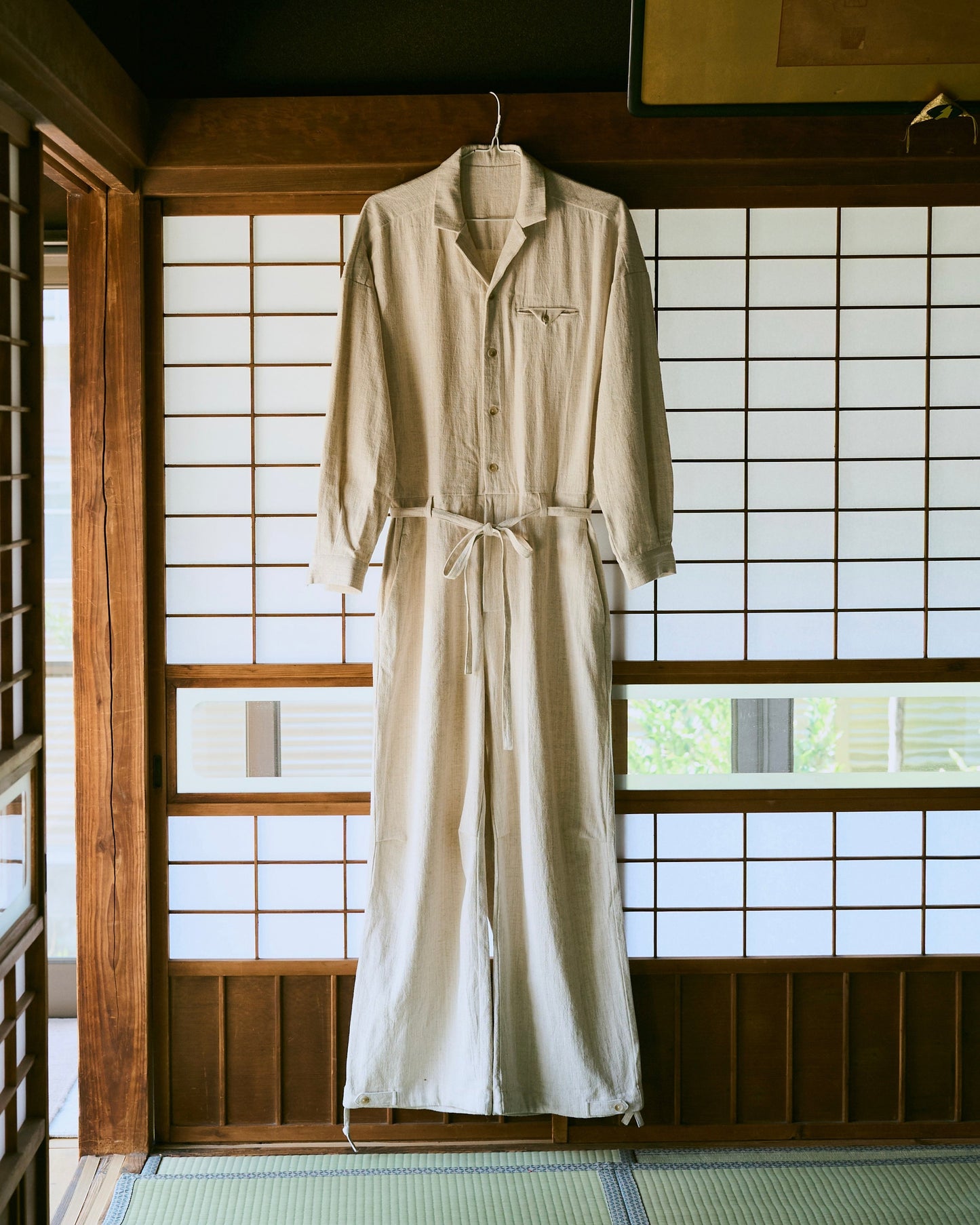 open collar cotton linen belted l/s jump suit