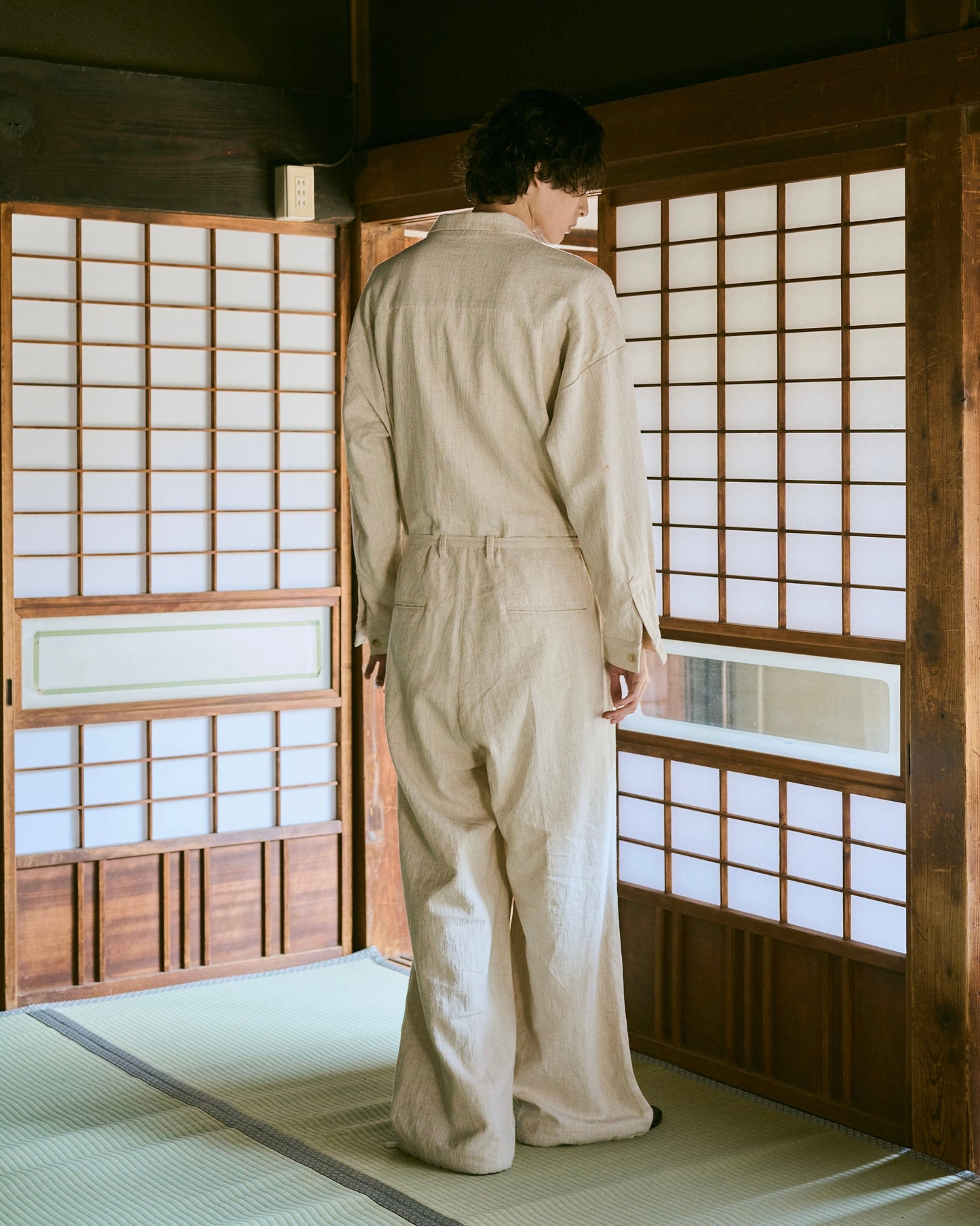 open collar cotton linen belted l/s jump suit