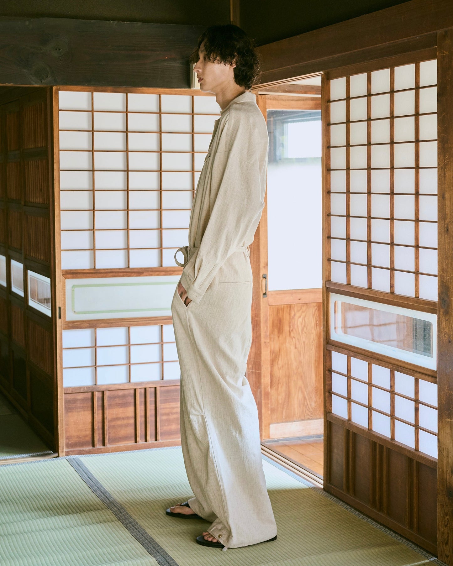 open collar cotton linen belted l/s jump suit