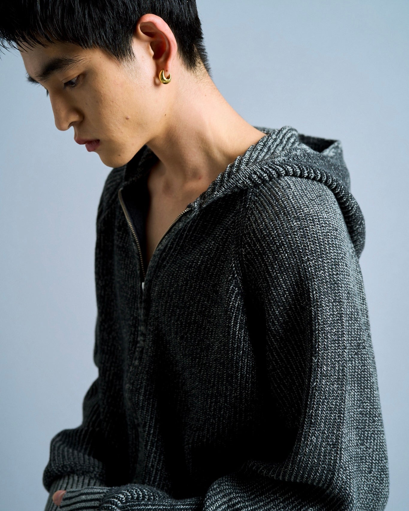 double zip mix yarn knit hoodie