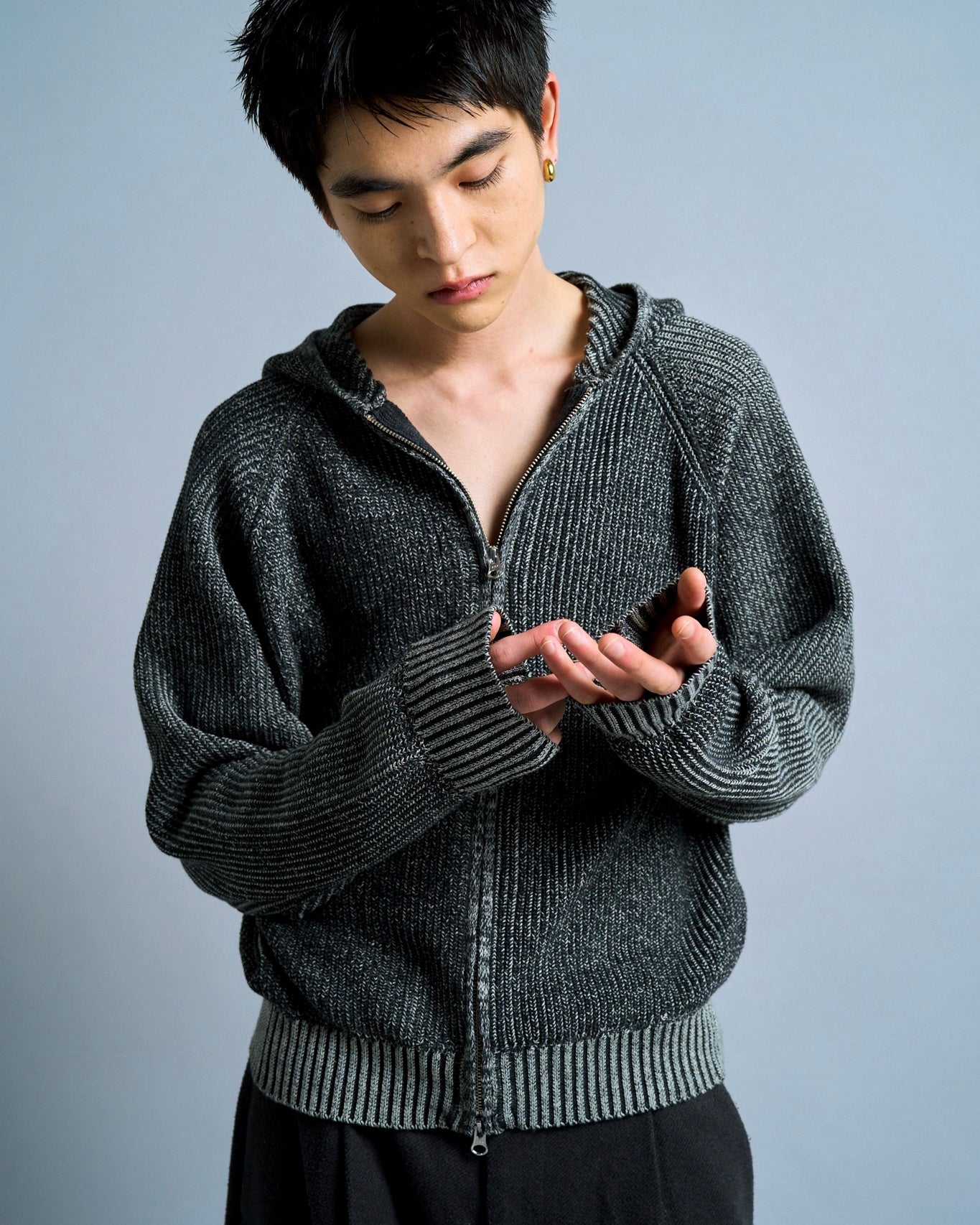 double zip mix yarn knit hoodie