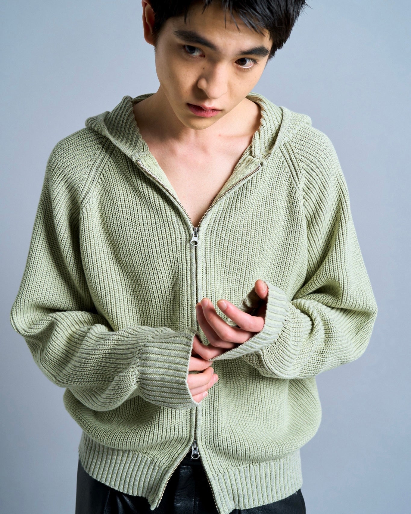 double zip mix yarn knit hoodie