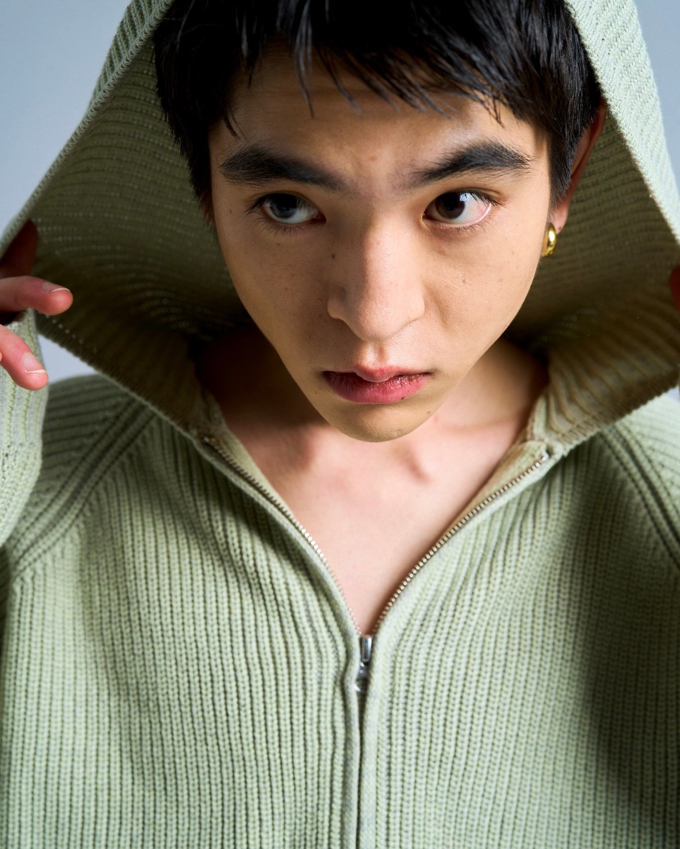 double zip mix yarn knit hoodie