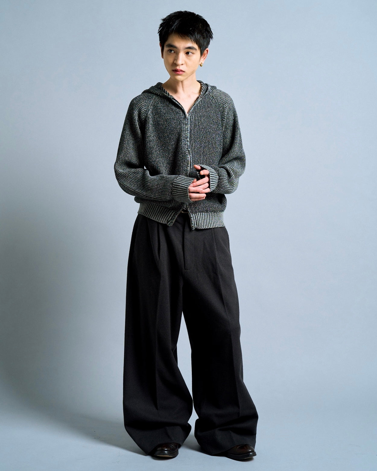 double zip mix yarn knit hoodie