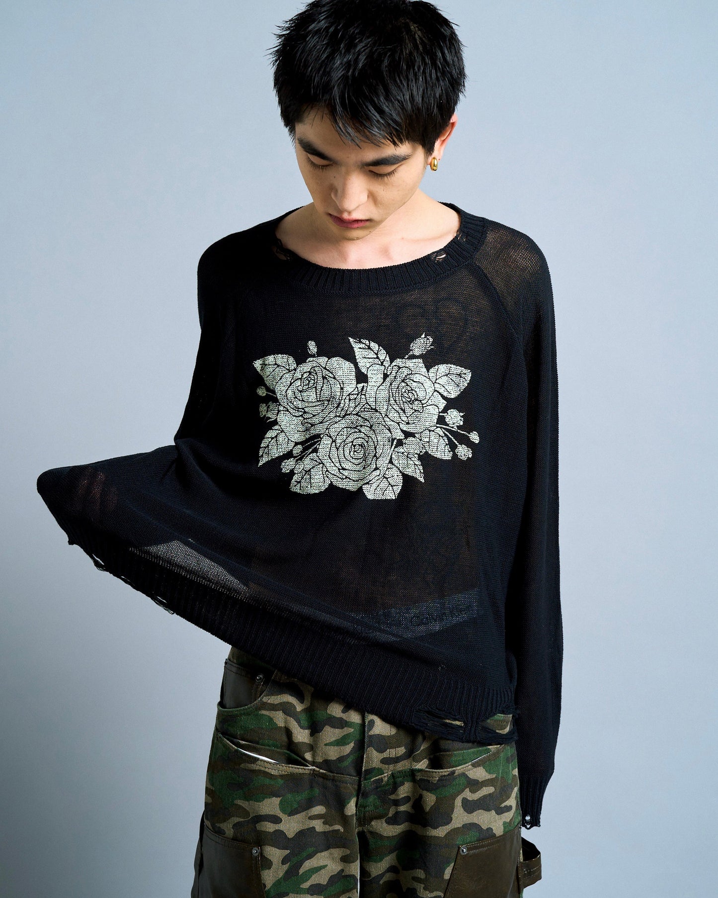 flower paint broken long sleeve sheer sweater