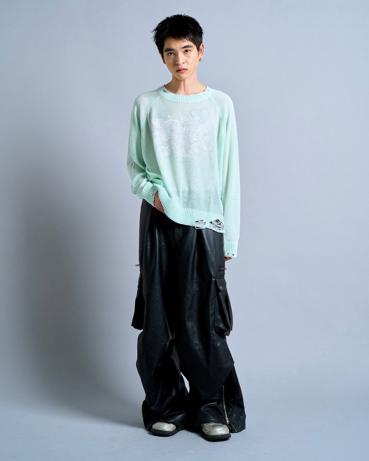 flower paint broken long sleeve sheer sweater