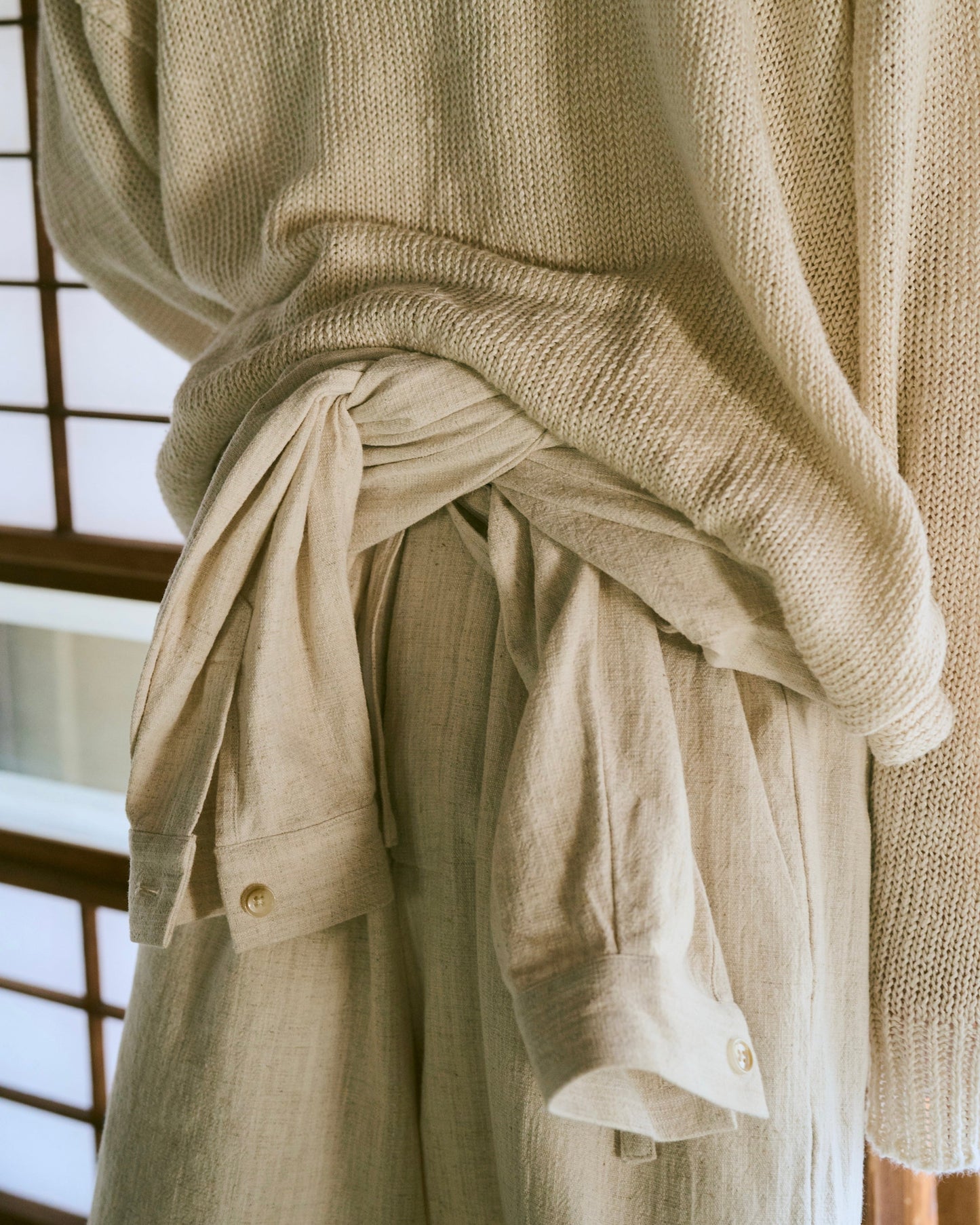 open collar cotton linen belted l/s jump suit
