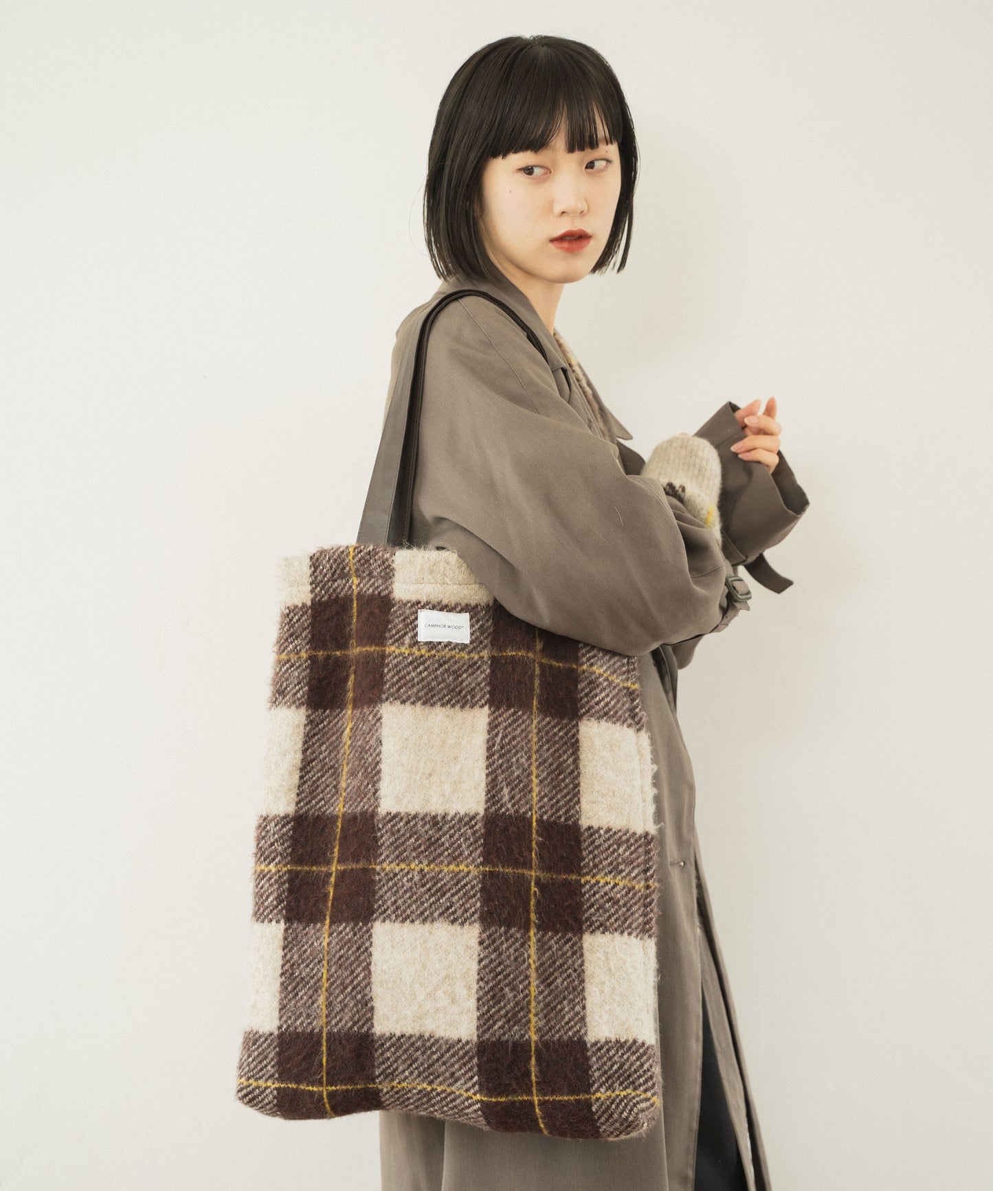 mohair mix check big tote bag