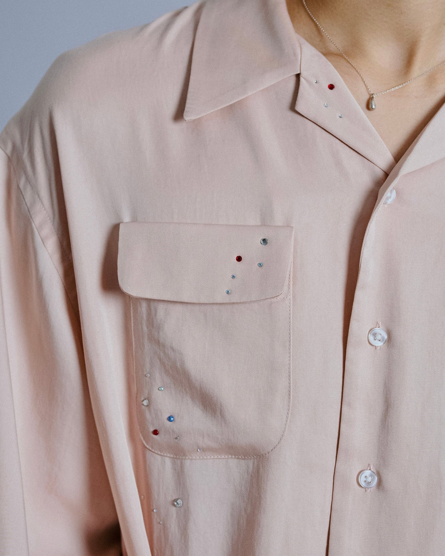 rhinestone rayon open collar l/s shirt