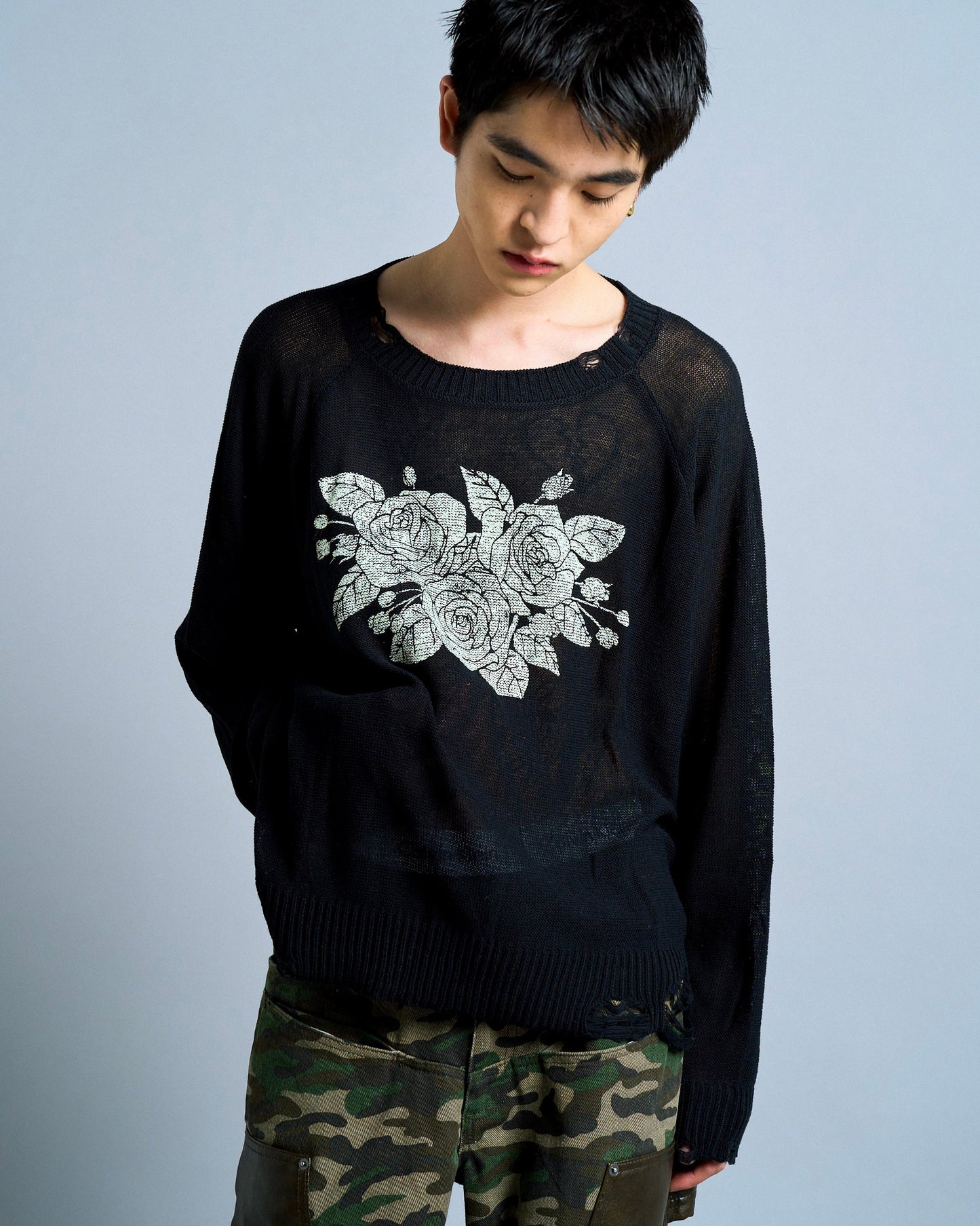 flower paint broken long sleeve sheer sweater