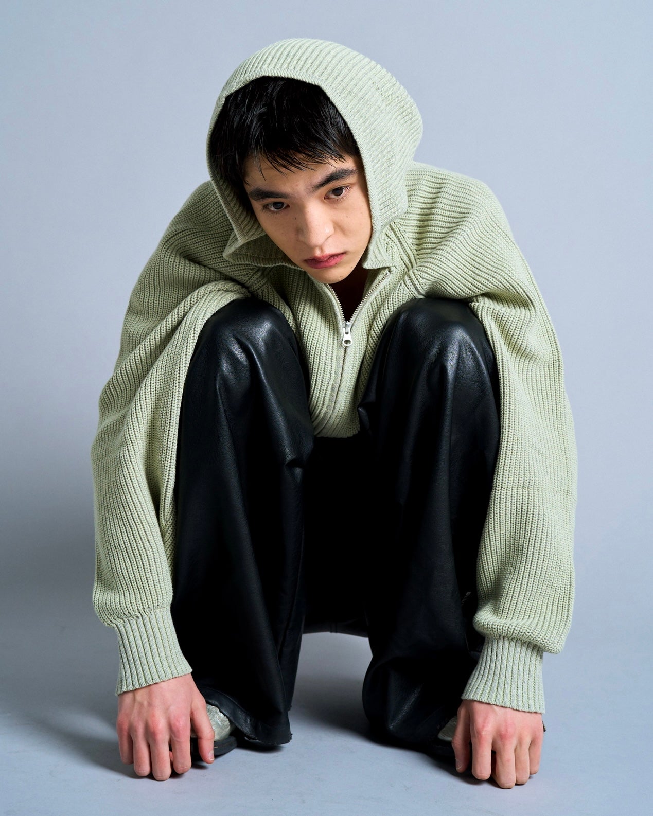 double zip mix yarn knit hoodie