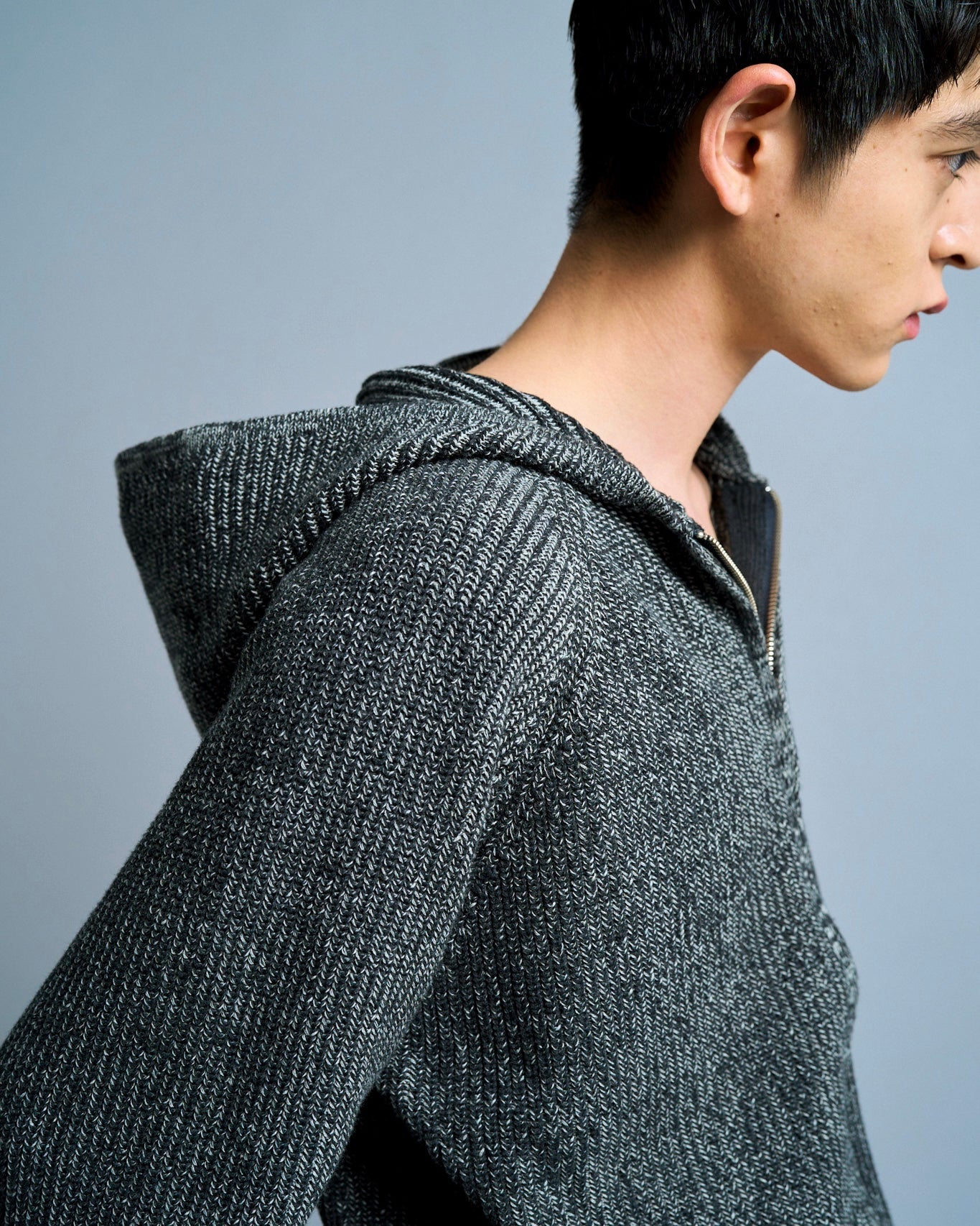 double zip mix yarn knit hoodie
