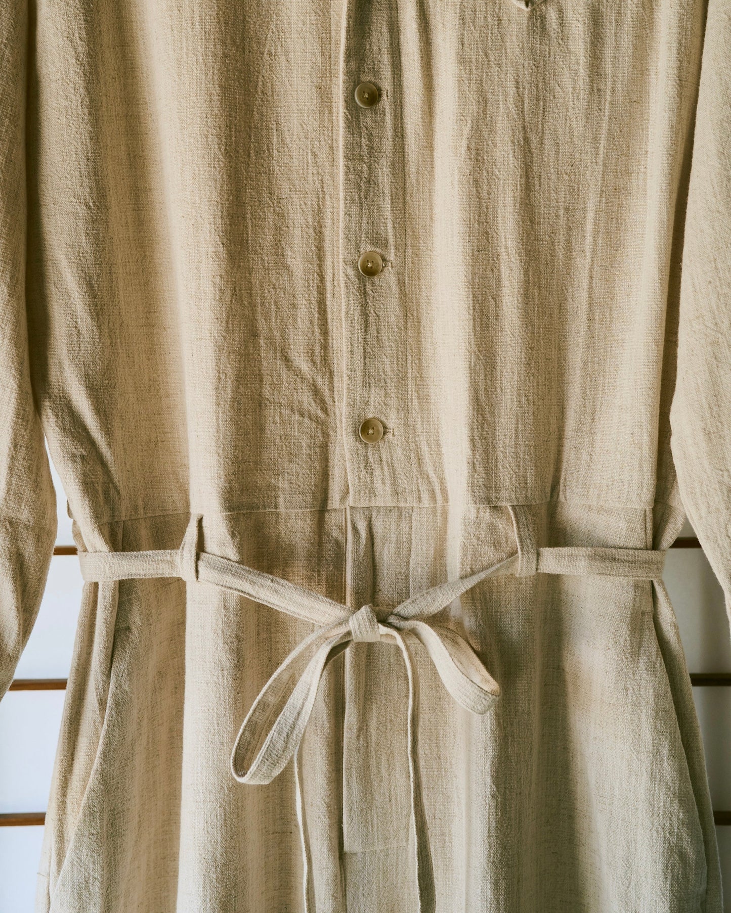 open collar cotton linen belted l/s jump suit
