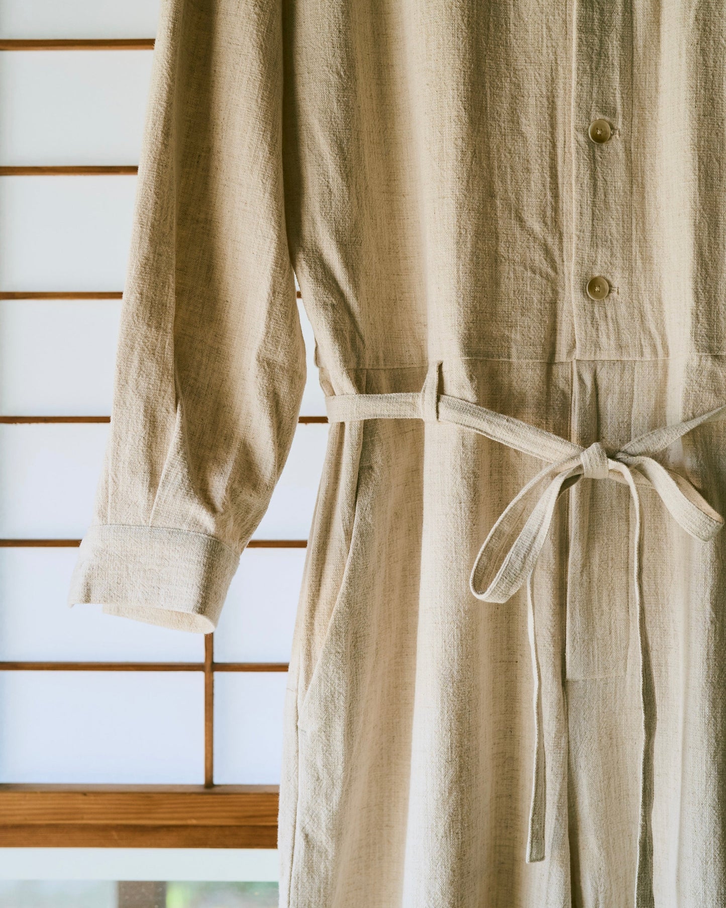 open collar cotton linen belted l/s jump suit