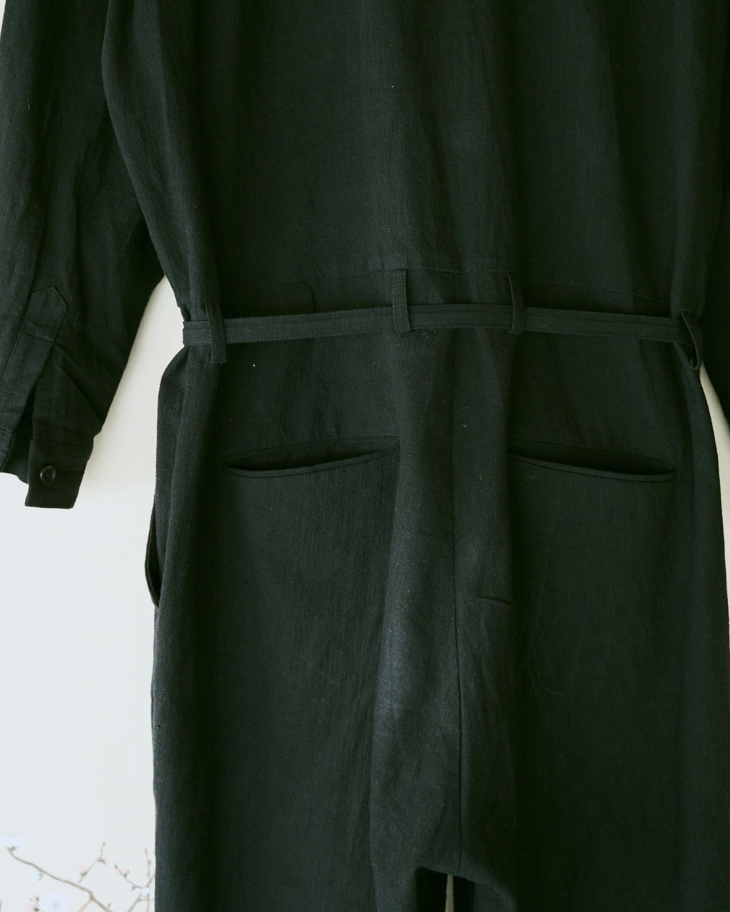 open collar cotton linen belted l/s jump suit