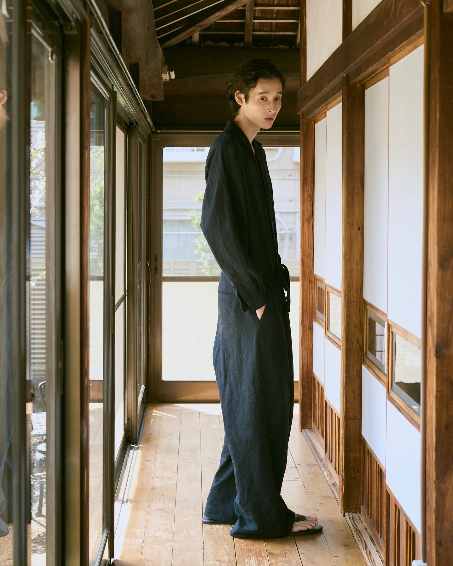 open collar cotton linen belted l/s jump suit