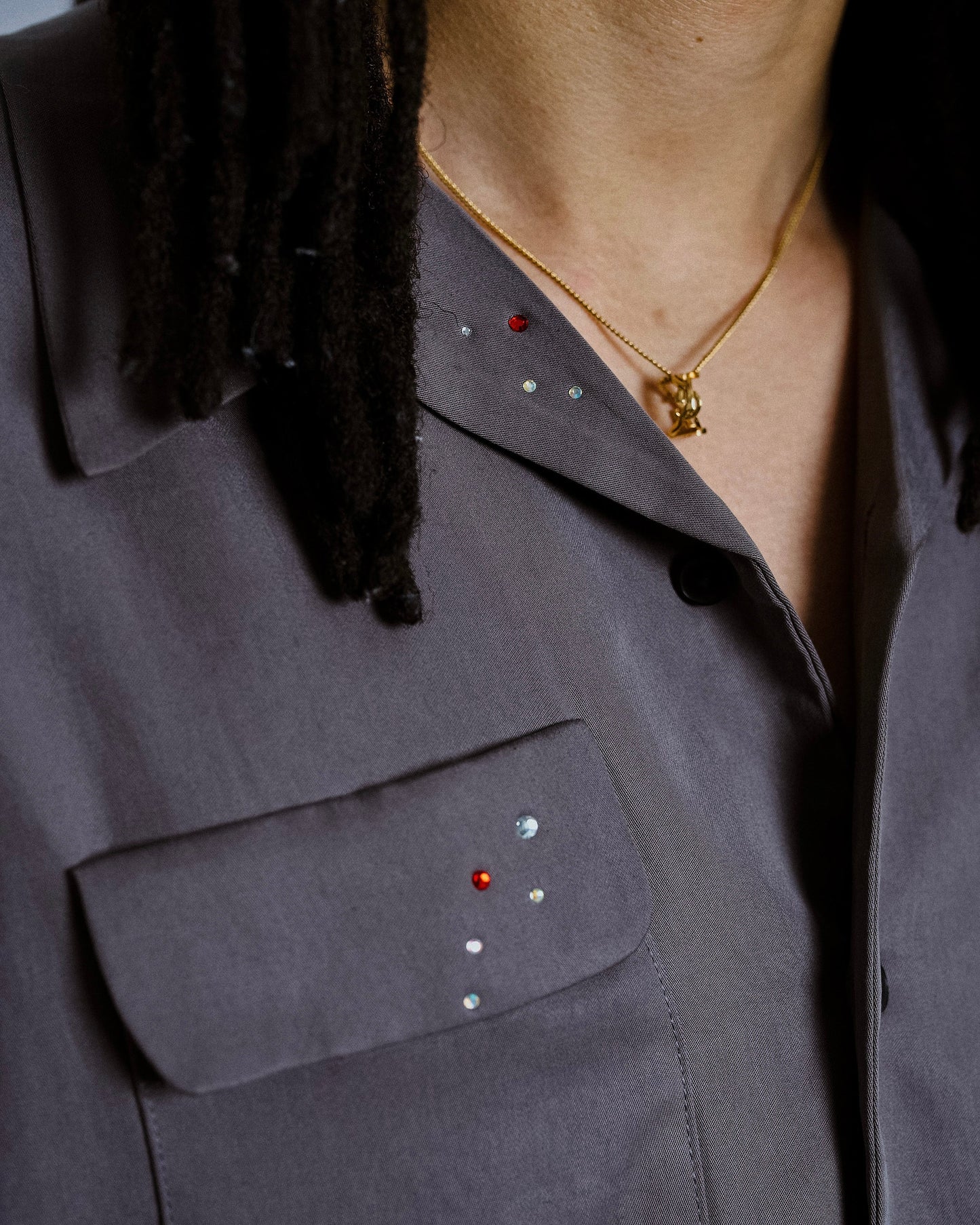 rhinestone rayon open collar l/s shirt