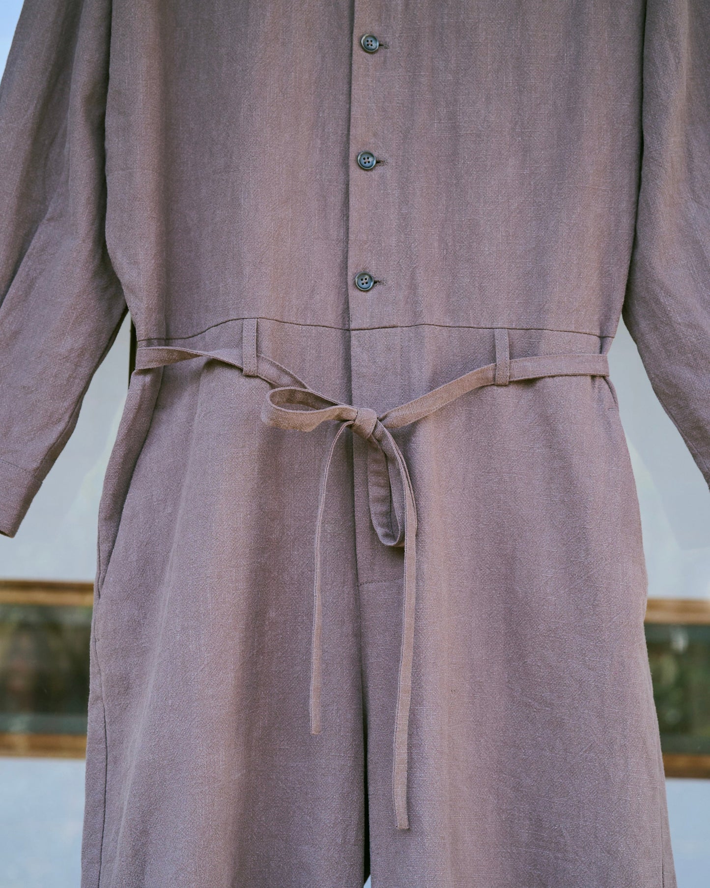 open collar cotton linen belted l/s jump suit