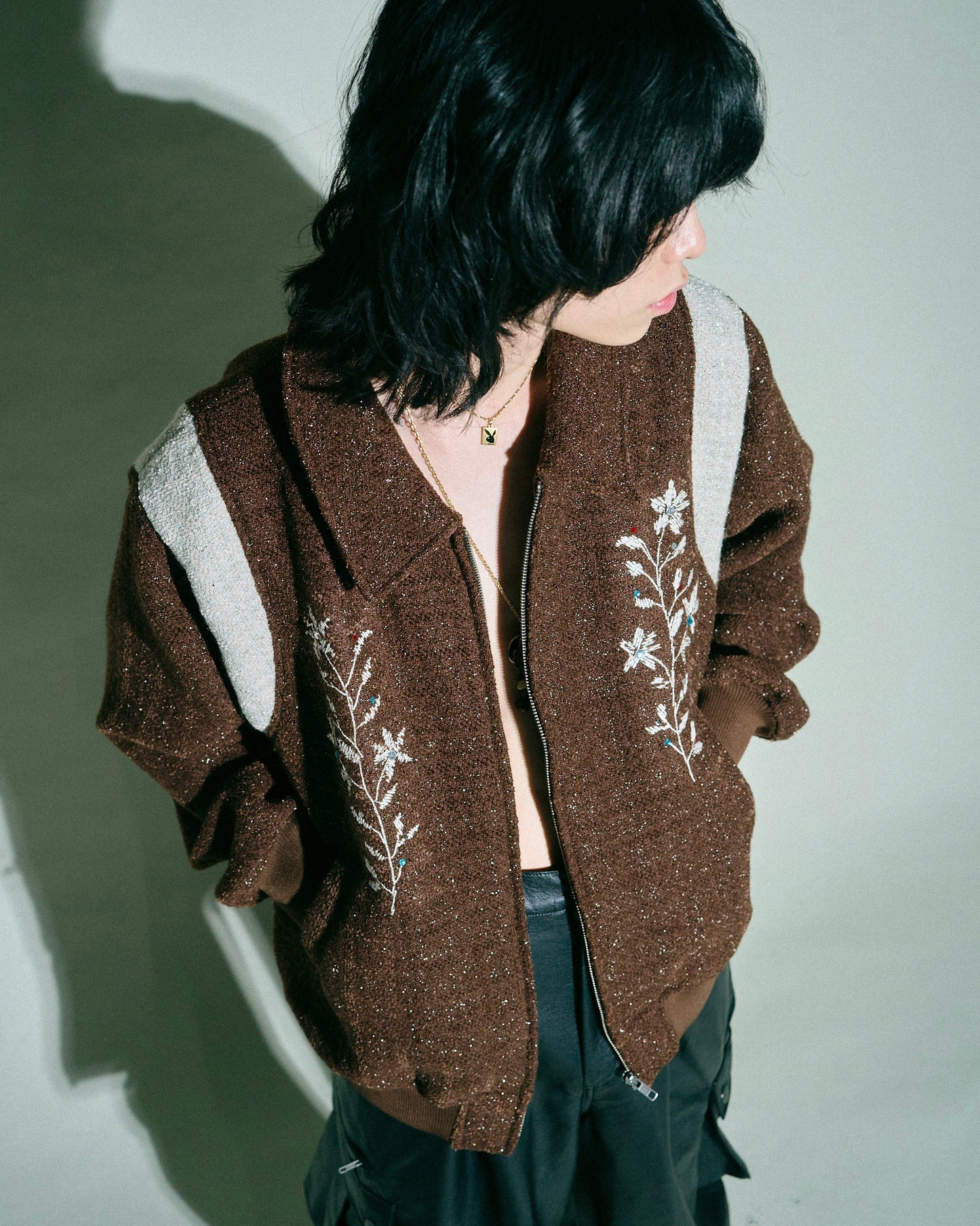 flower embroidery lame tweed varsity jacket