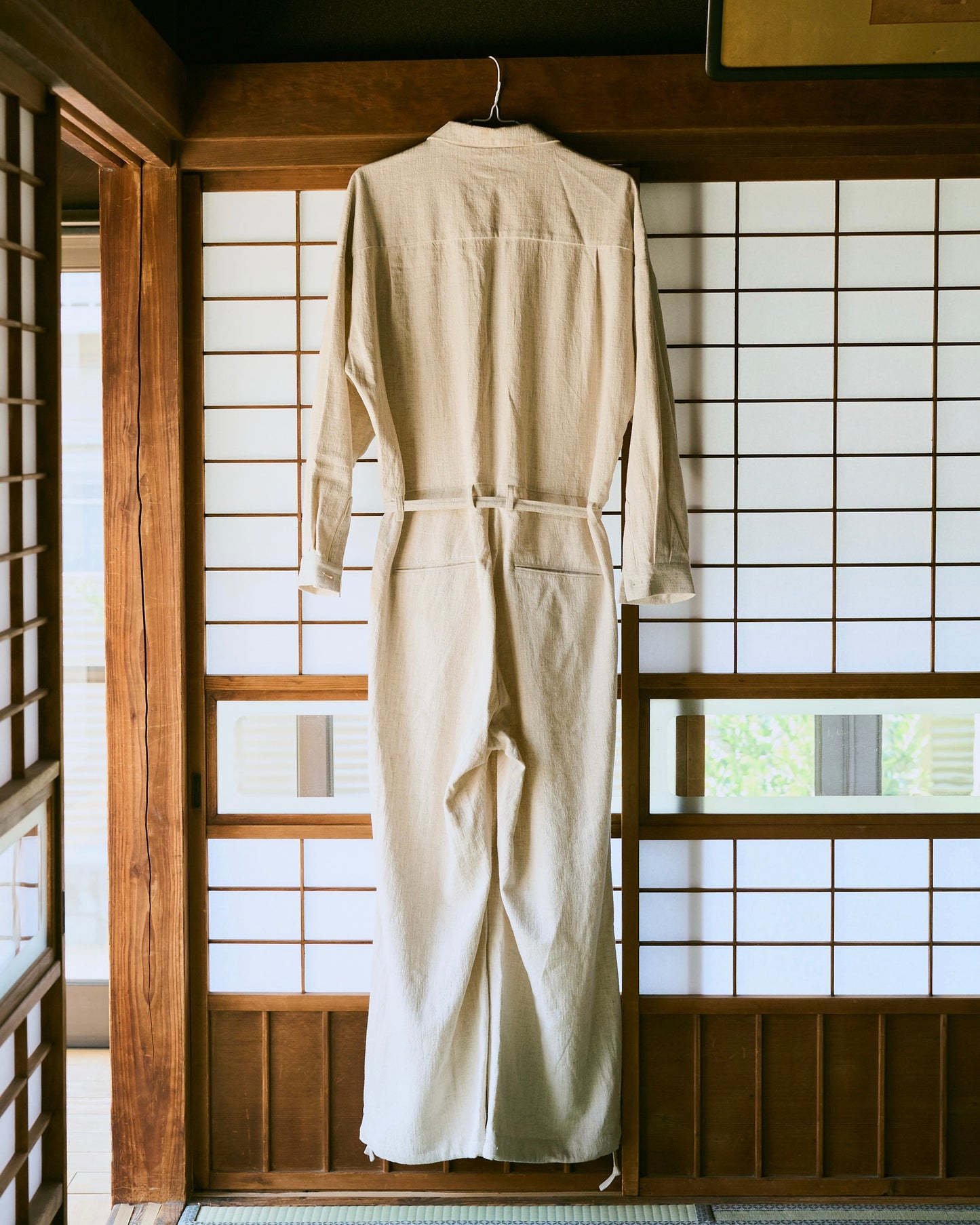 open collar cotton linen belted l/s jump suit