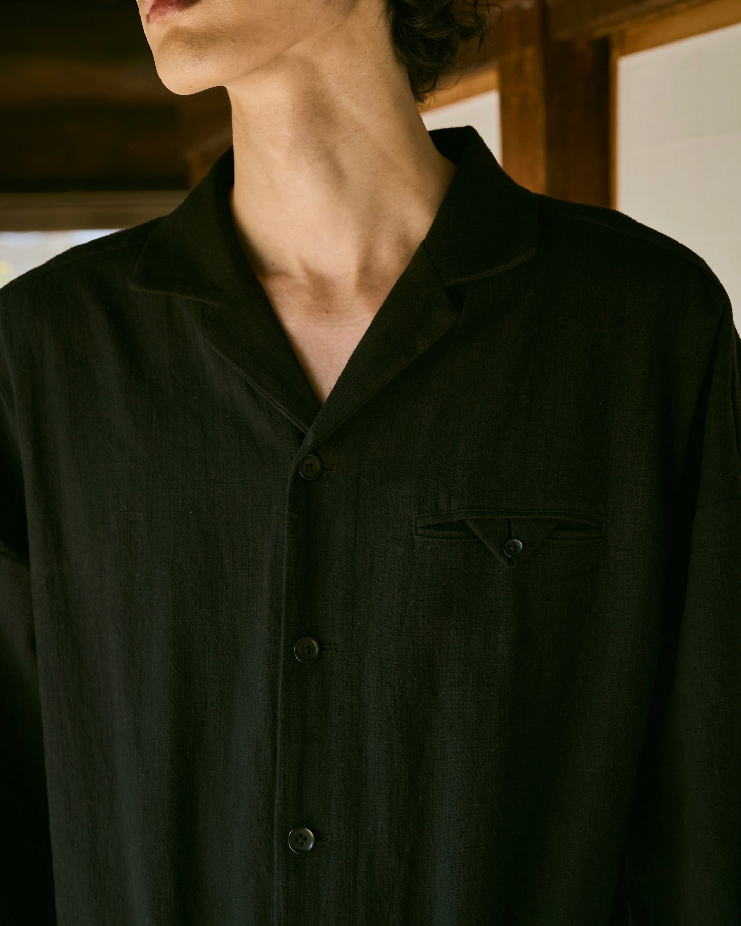 open collar cotton linen belted l/s jump suit