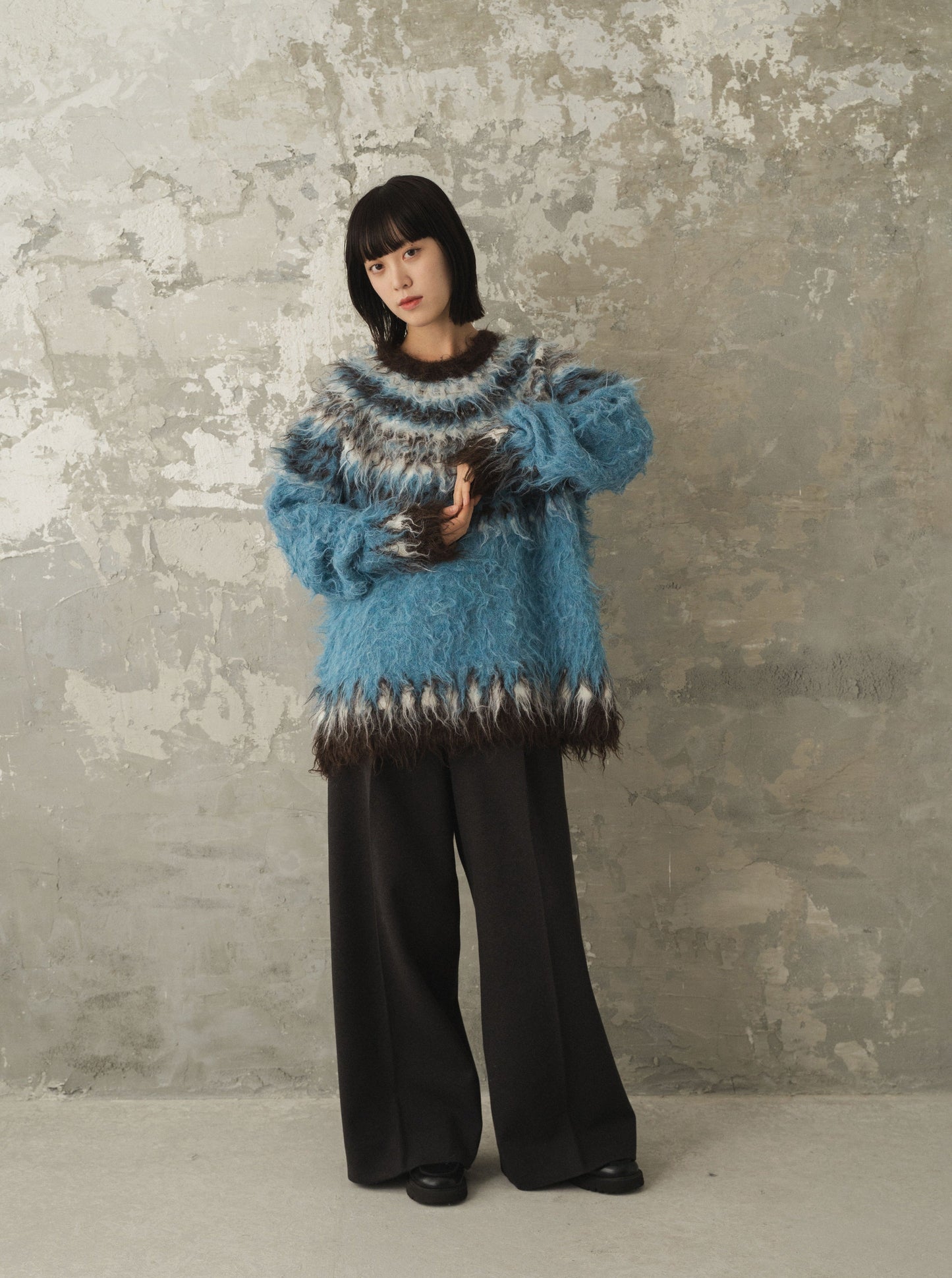 wool mix over shaggy nordic sweater