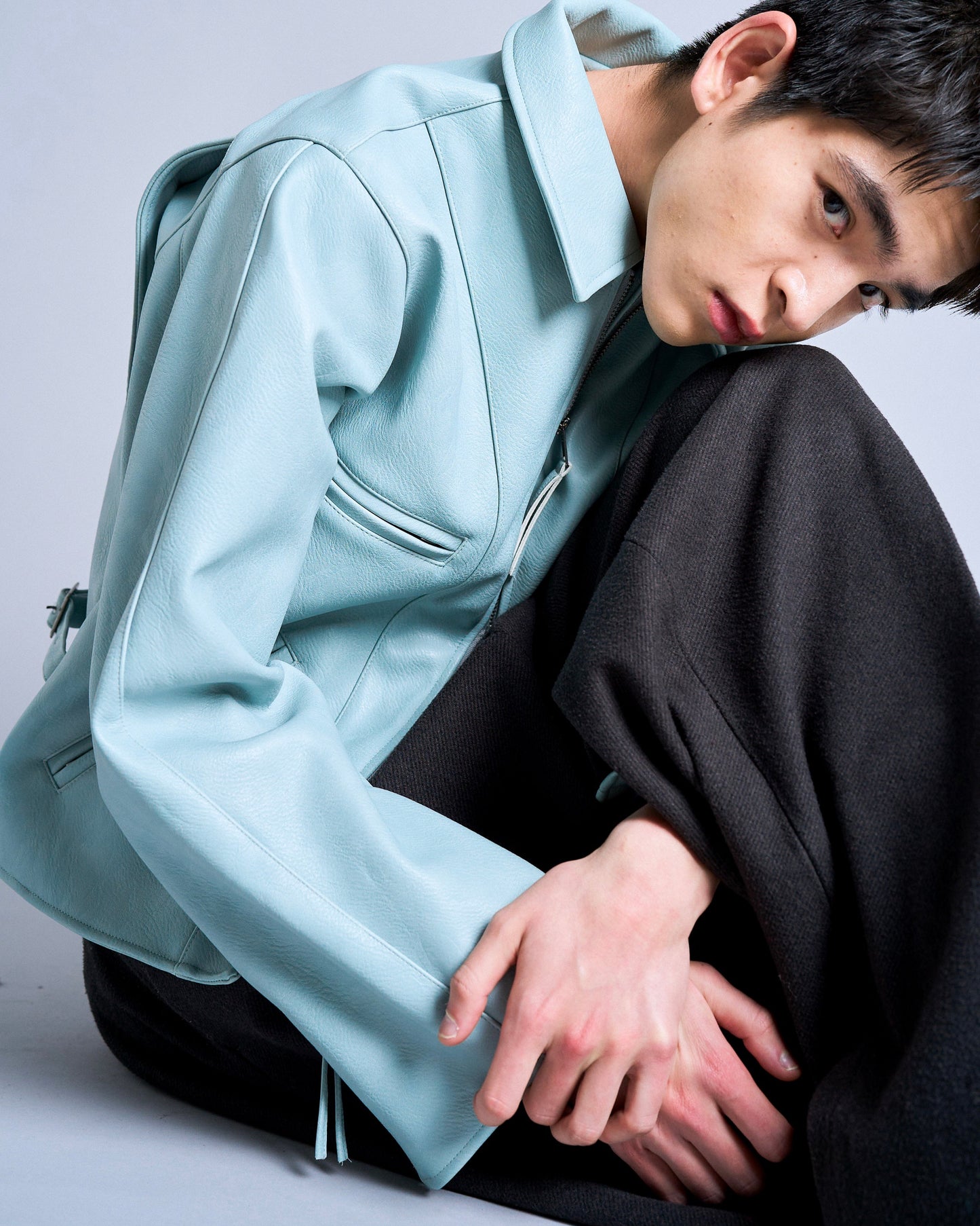 short length zipped PU-leather sport jacket