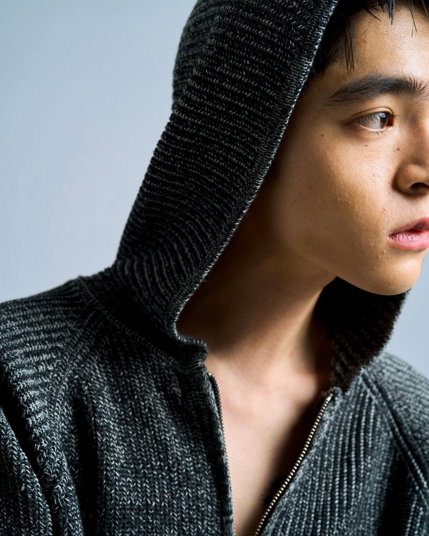 double zip mix yarn knit hoodie