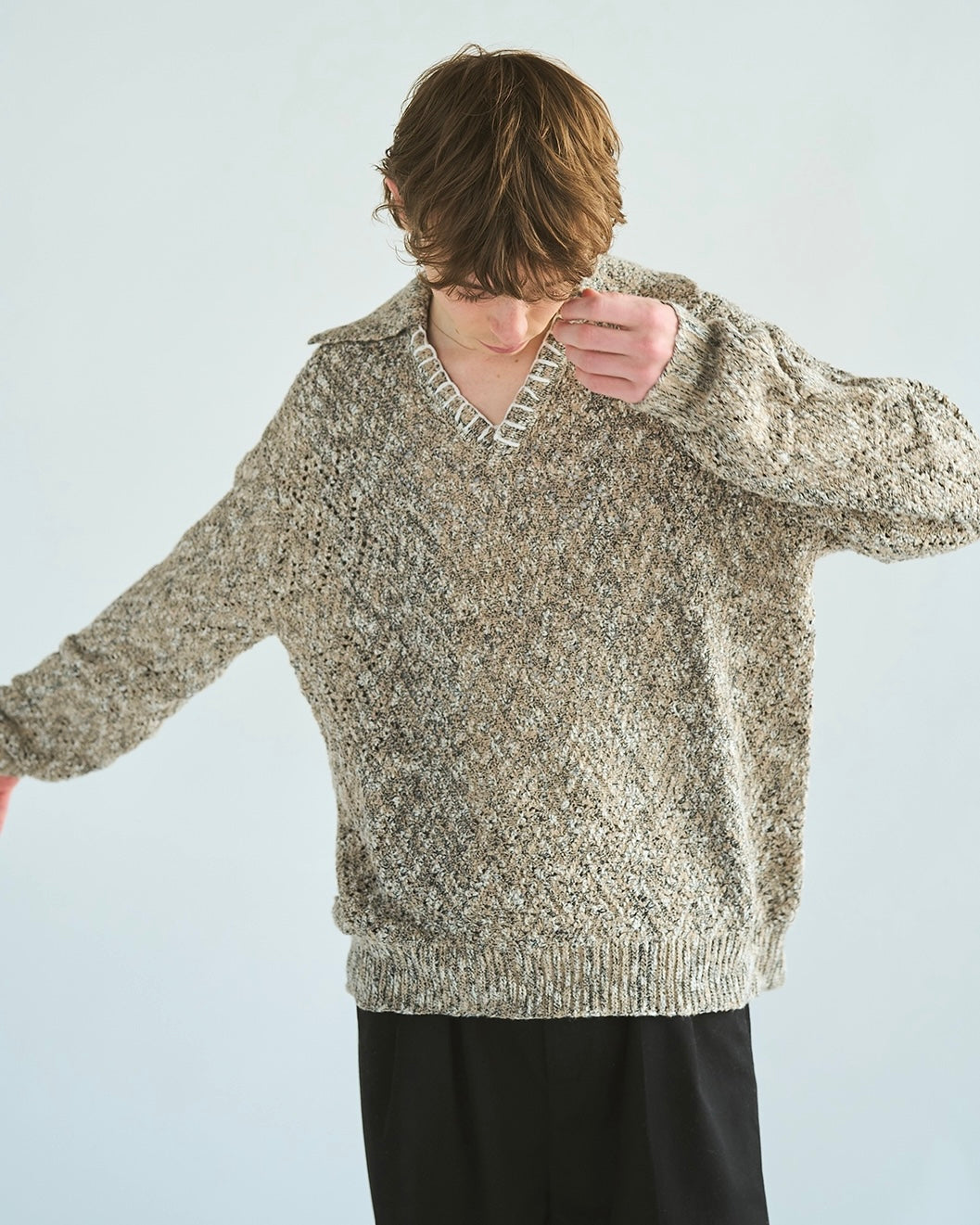 skipper stitching l/s knit shirt