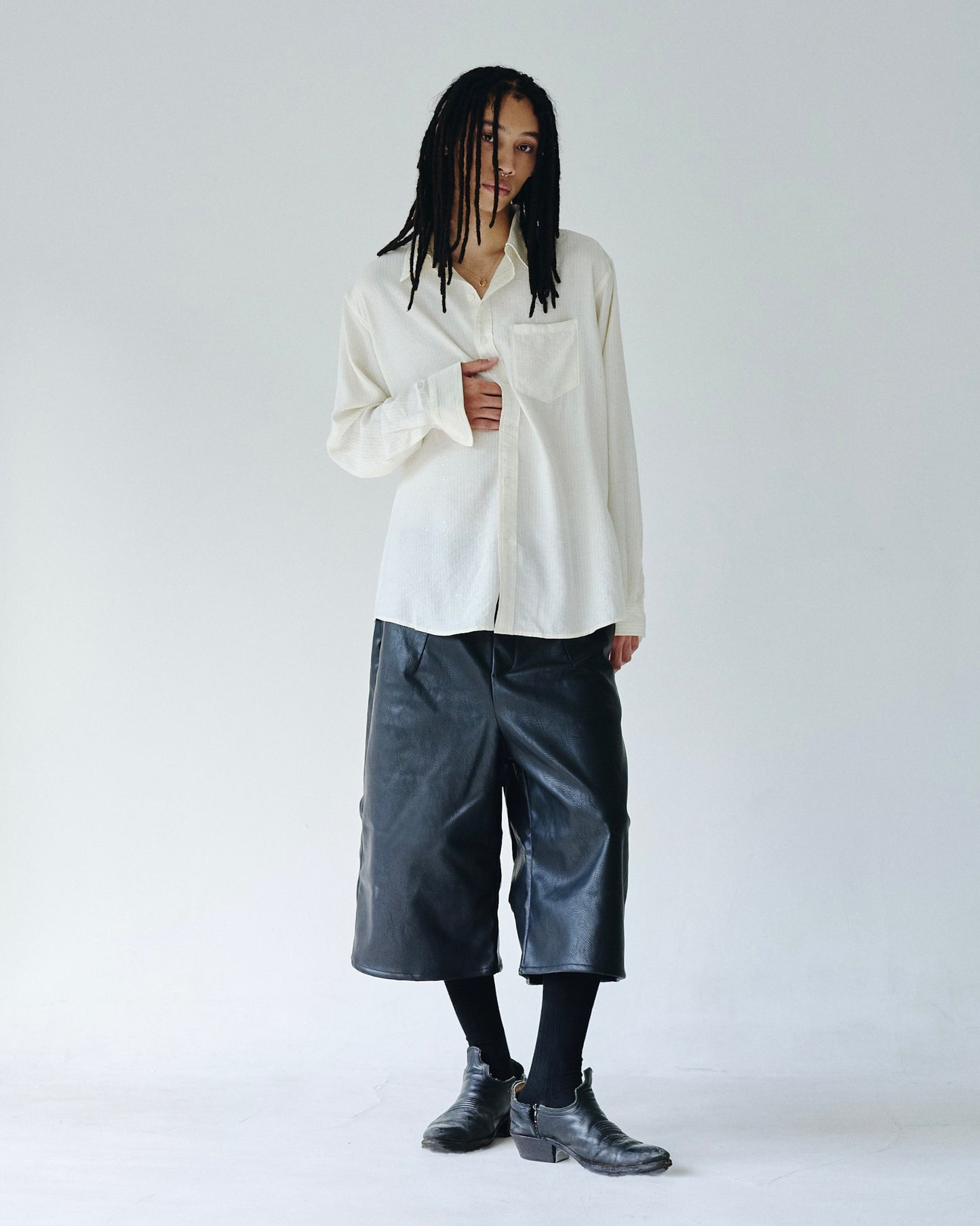 wide baggy PU-leather shorts