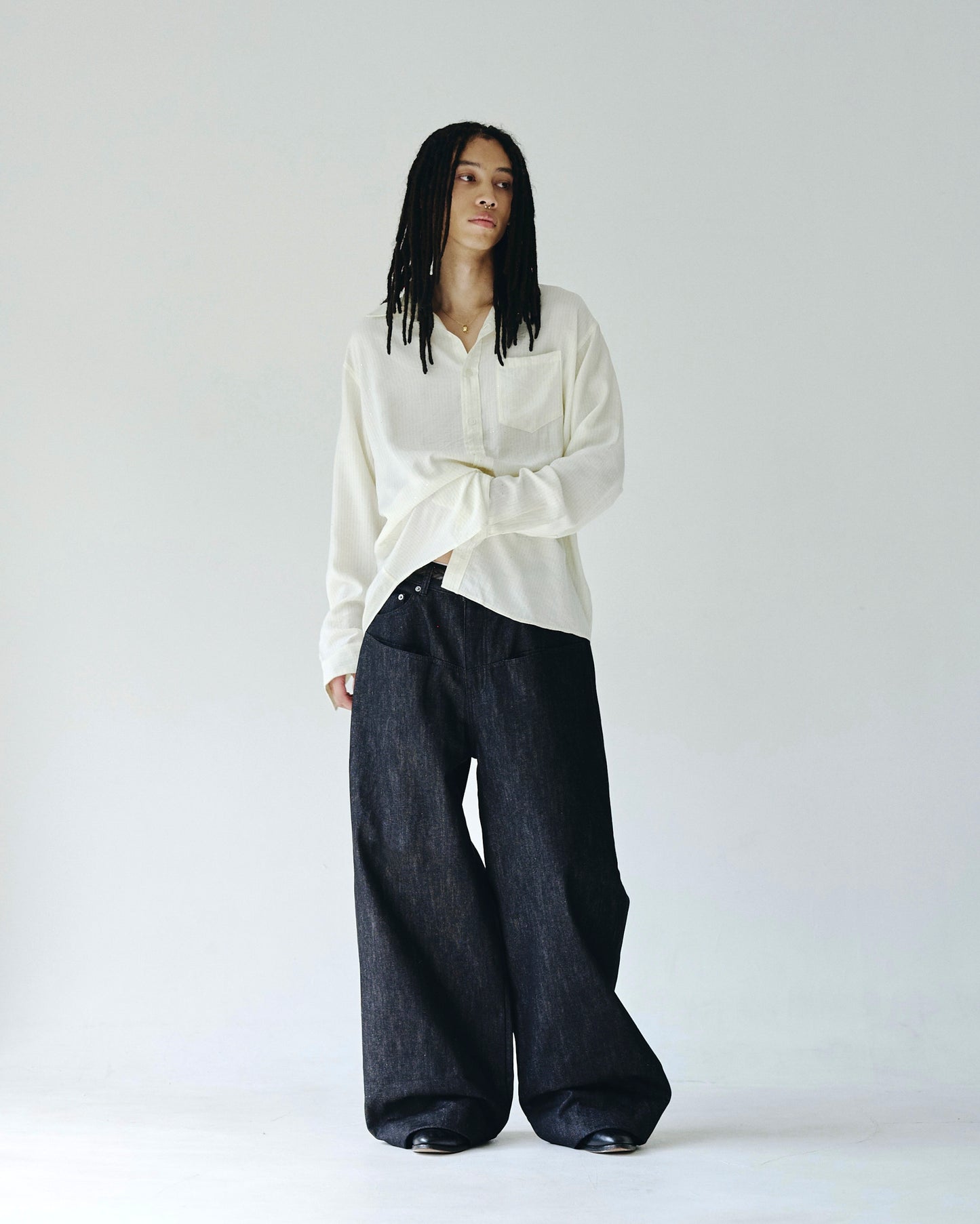 DOUBLE POCKET RIGID SLUB BAGGY DENIM TROUSERS