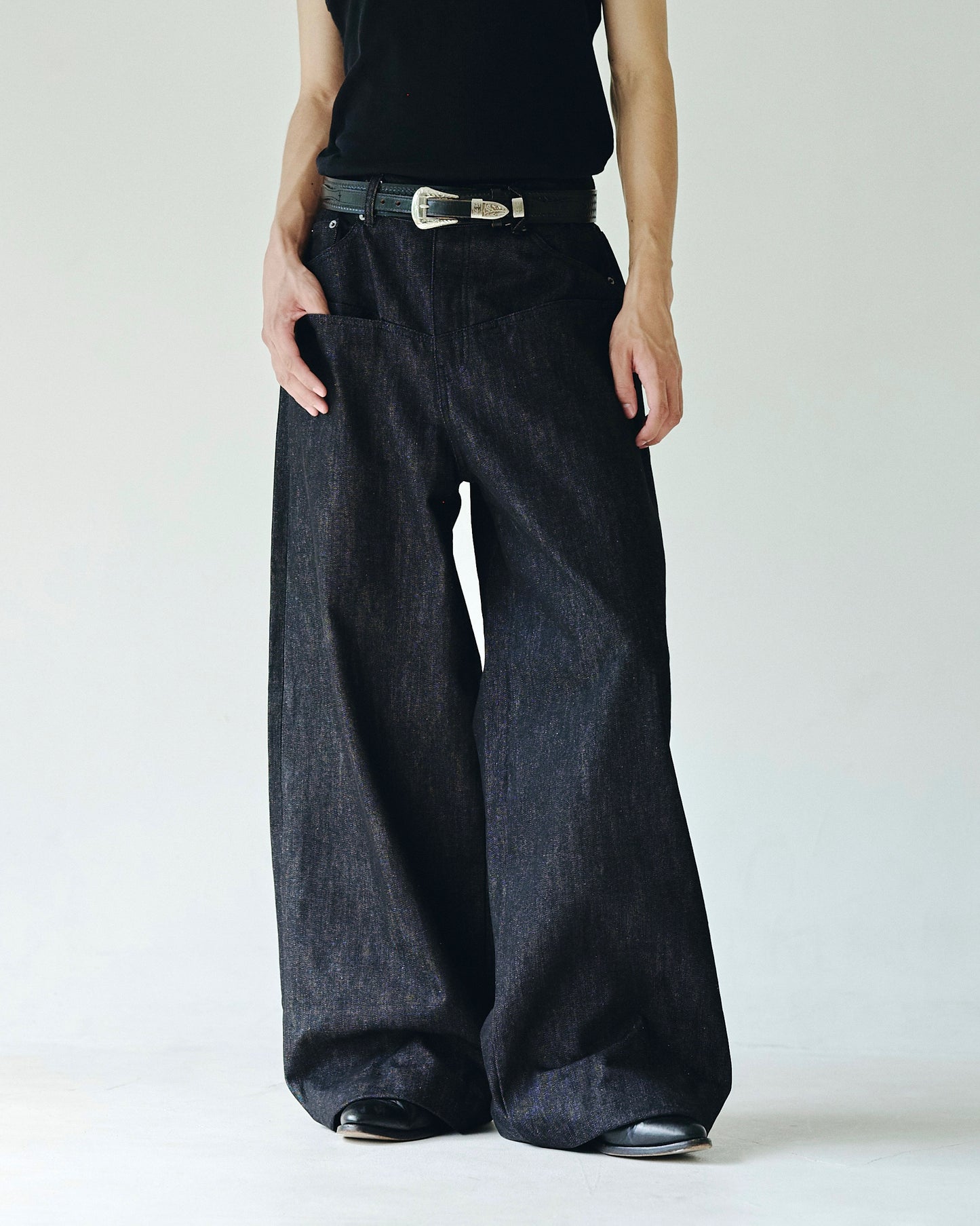 DOUBLE POCKET RIGID SLUB BAGGY DENIM TROUSERS