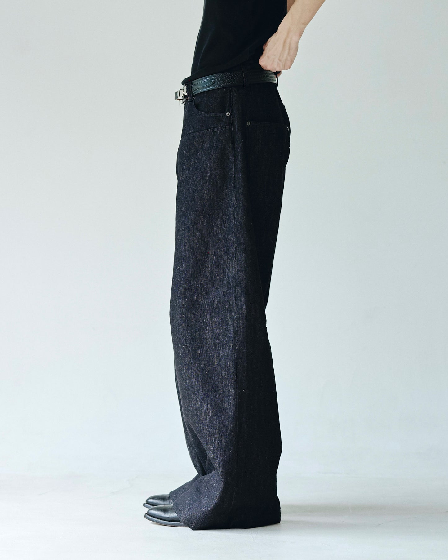DOUBLE POCKET RIGID SLUB BAGGY DENIM TROUSERS