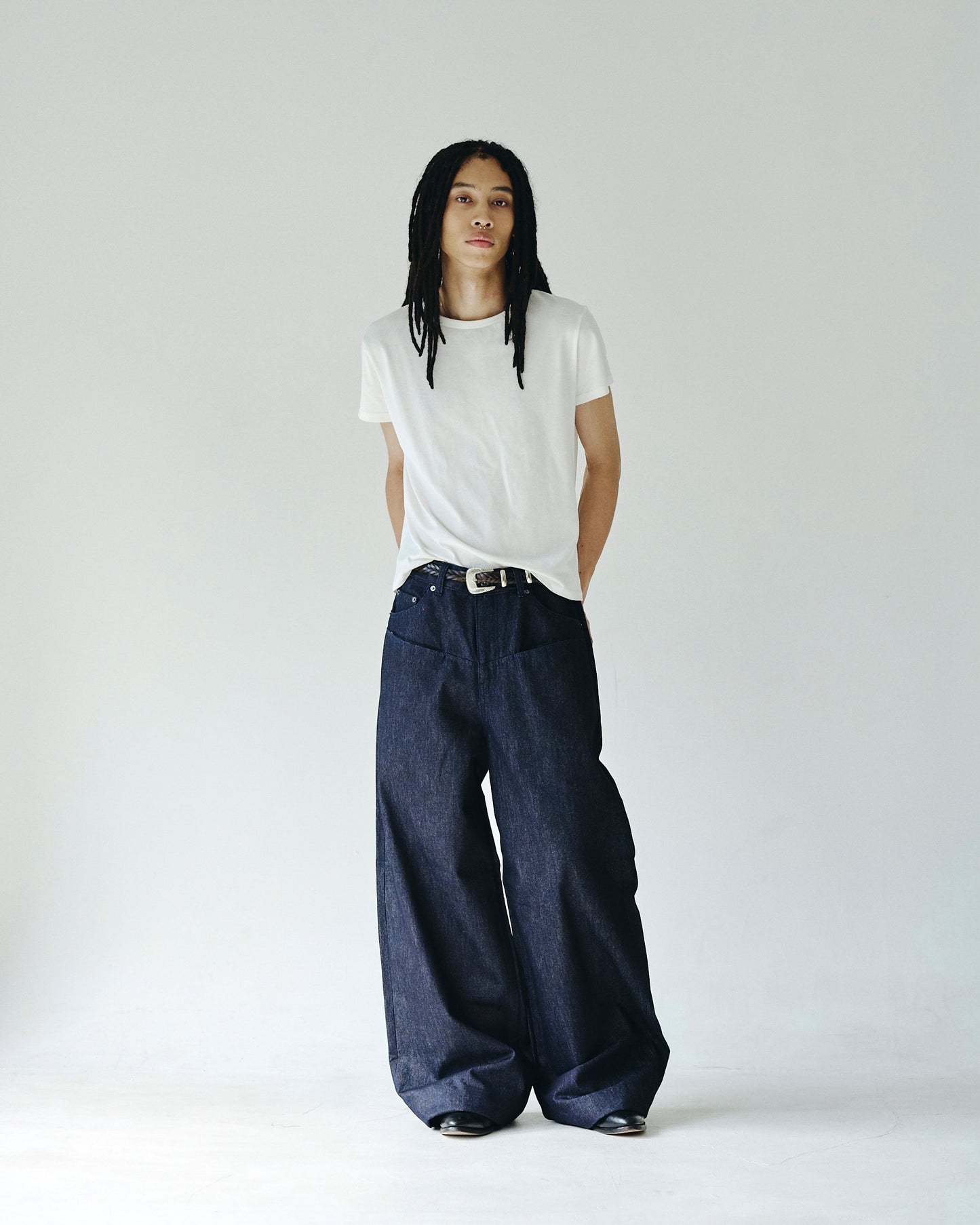 DOUBLE POCKET RIGID SLUB BAGGY DENIM TROUSERS