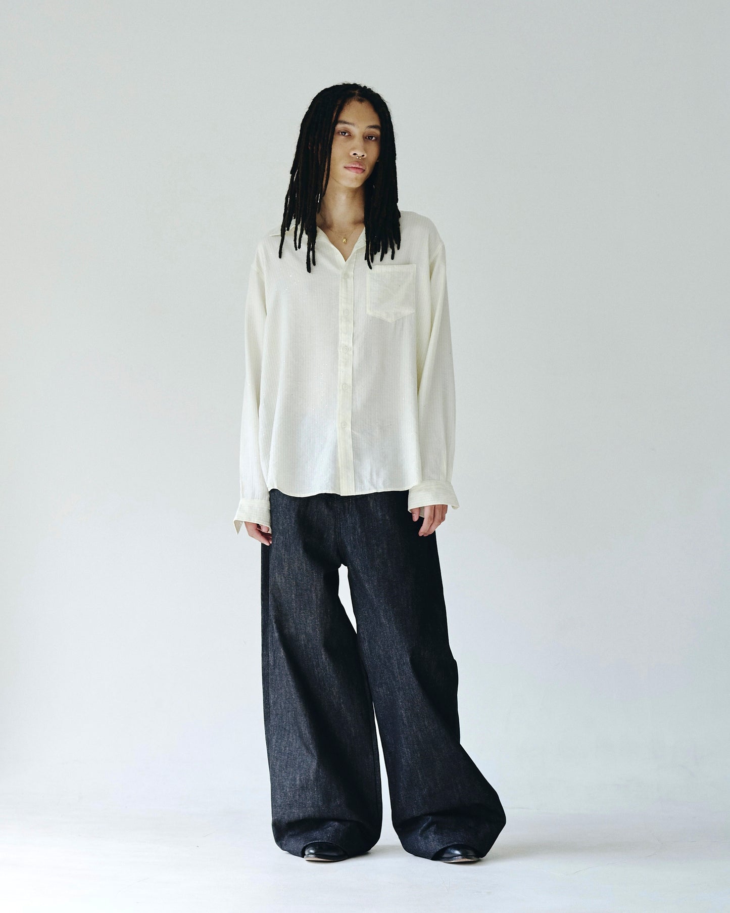 DOUBLE POCKET RIGID SLUB BAGGY DENIM TROUSERS