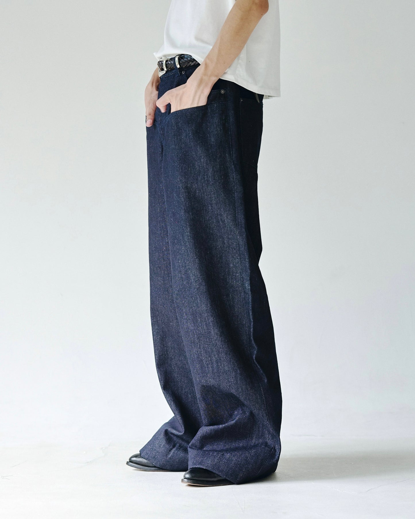 DOUBLE POCKET RIGID SLUB BAGGY DENIM TROUSERS