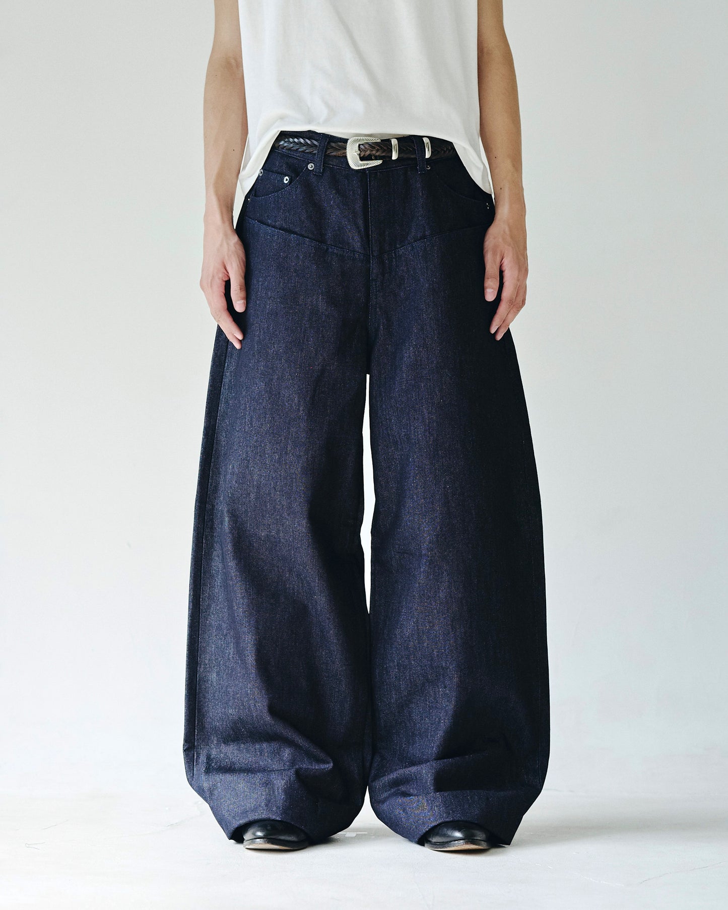 DOUBLE POCKET RIGID SLUB BAGGY DENIM TROUSERS